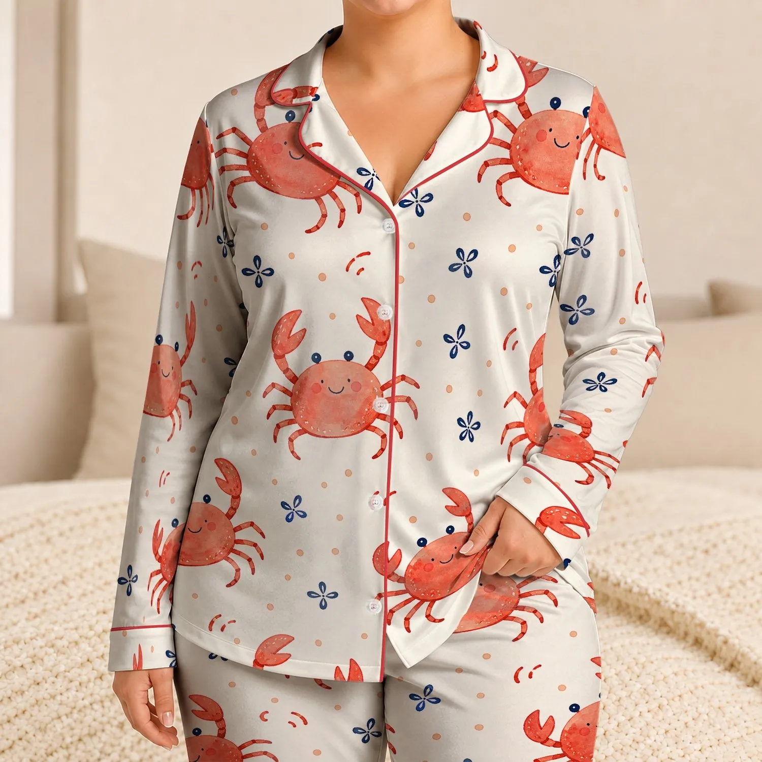 Cute Watercolor Red Crab Beach Daywear For Women And Summer Getaways By The Sea Satin Pajamas Set - 1