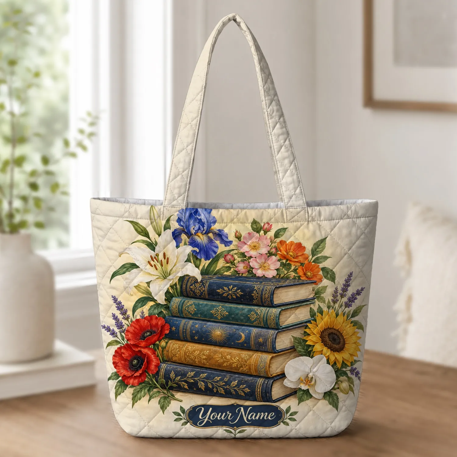 Colorful Floral Book Stack for Reading Nooks, Library Days, and Book Club Gifts Quilted Tote Bag - 1