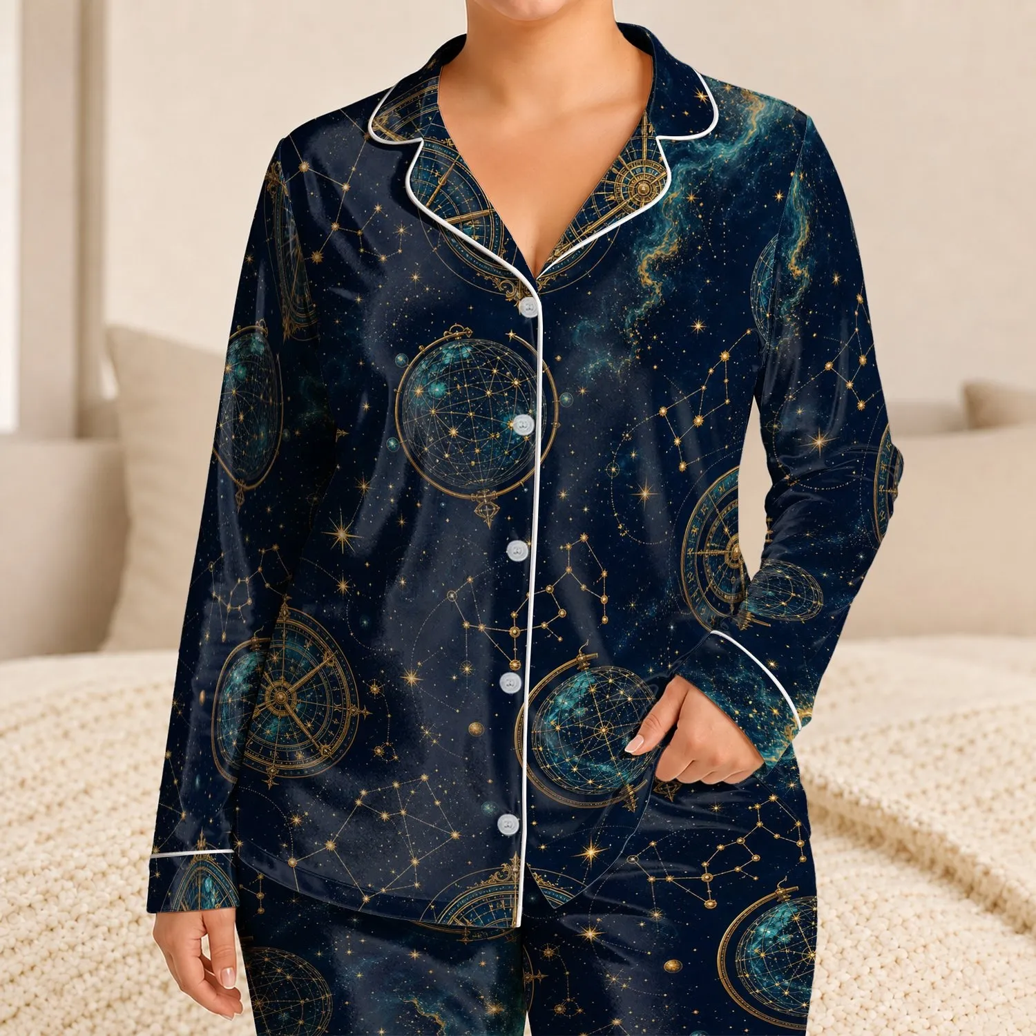Midnight Navy Celestial Astrolabe Constellation Cozy Nights At Home Lounging Wear Satin Pajamas Set - 1