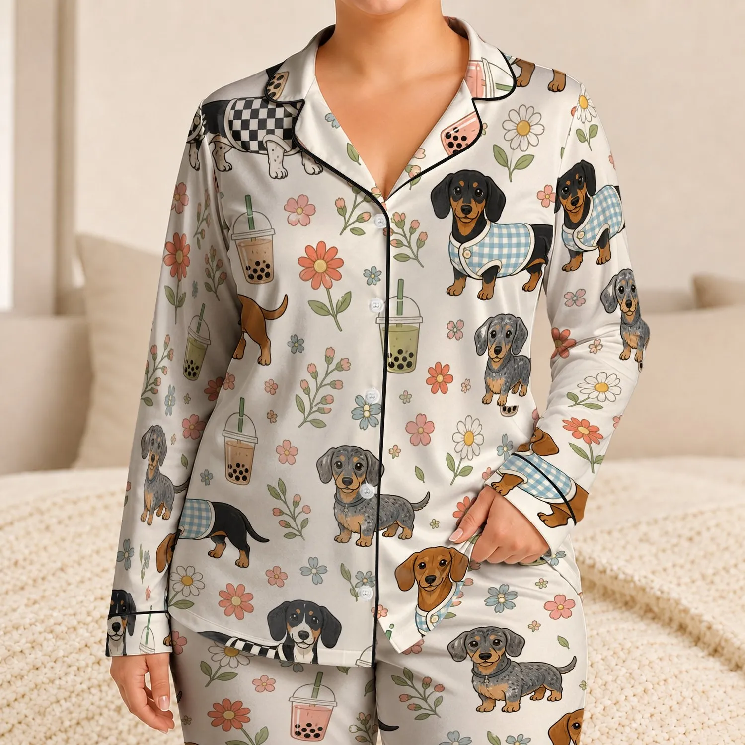 Dachshund Milk Tea Floral Cozy Home Gift for Dog Lovers and Cute Pet Fans Everyday Satin Pajamas Set - 1
