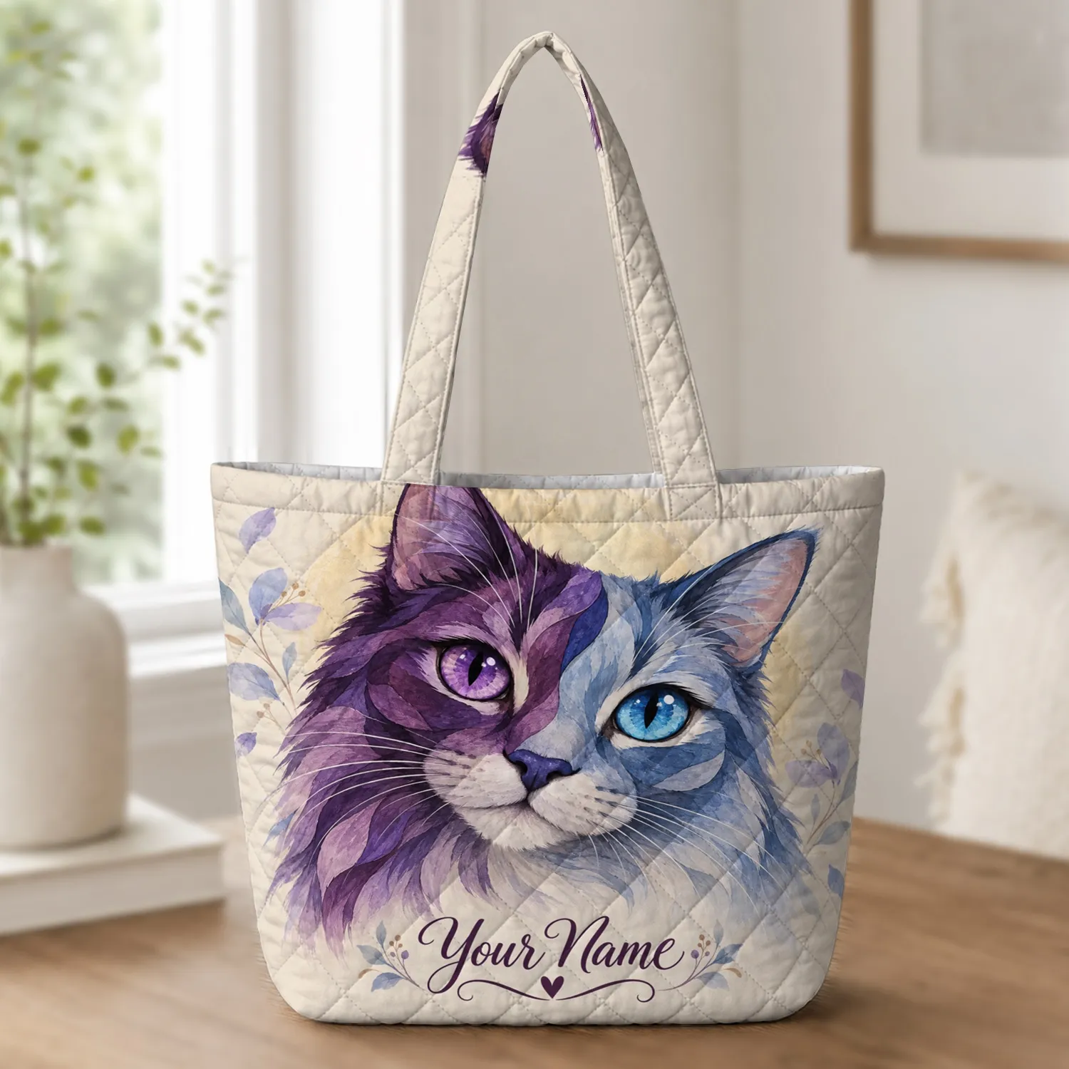 Vibrant Split-Tone Cat Face Gift For Cat Lovers, Art Fans And Everyday Adventures Quilted Tote Bag - 1