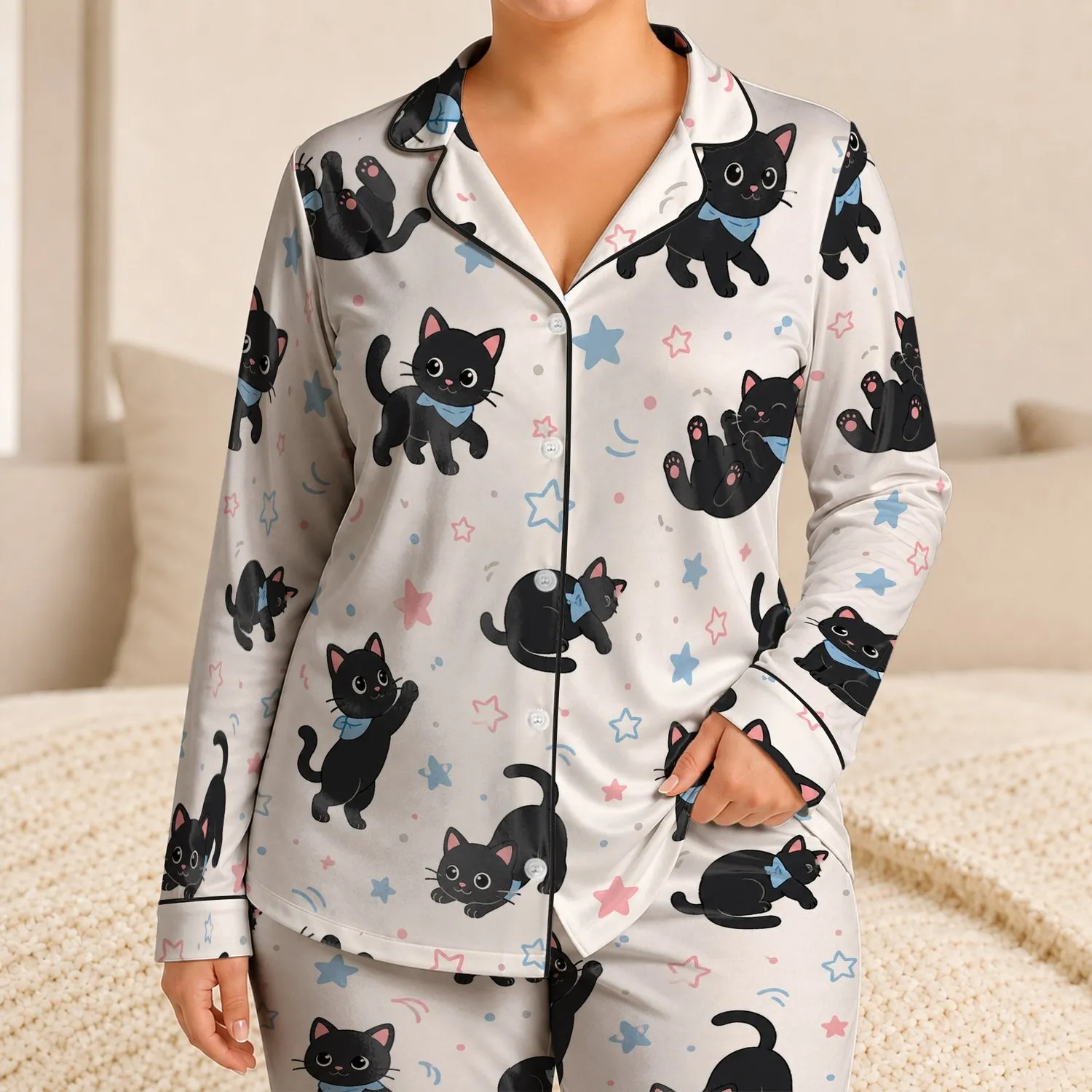 Black Kitten And Star Cozy Bedtime Style For Cat Lovers At Home And Sleepy Nights Satin Pajamas Set - 1