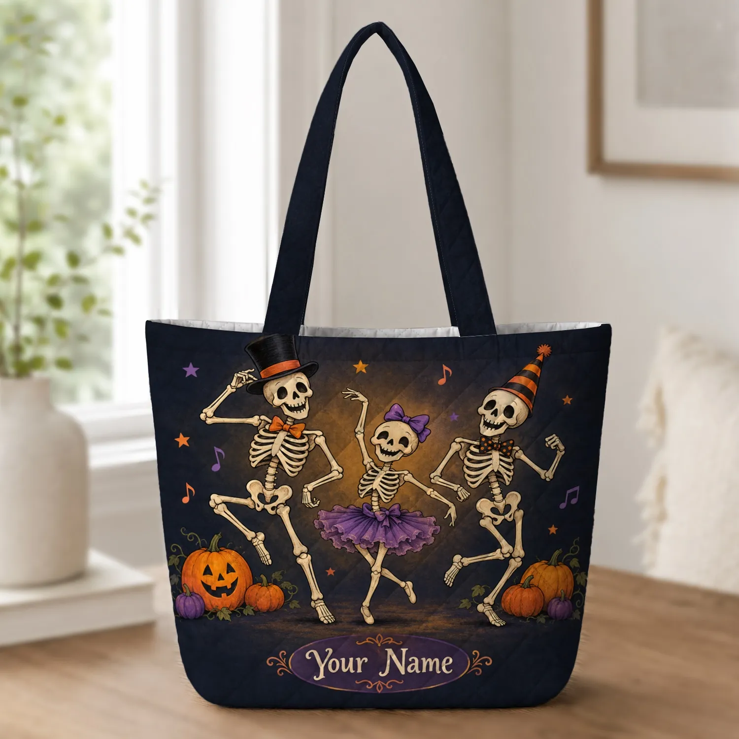 Dancing Skeletons and Pumpkins for Halloween Parties and Spooky Season Quilted Tote Bag - 1