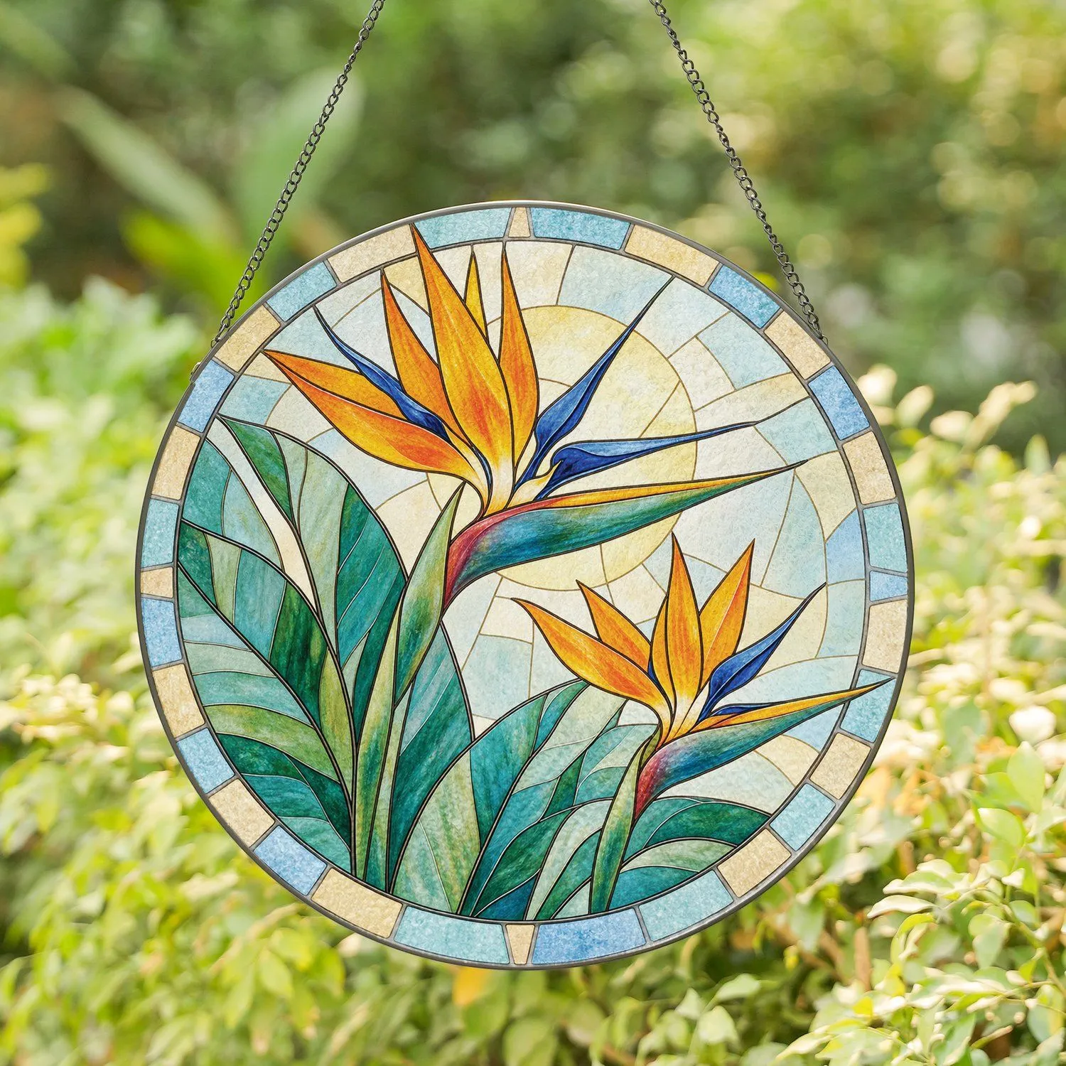 Bird of Paradise Blooms for Tropical Summer Garden and Bright Coastal Home Accents Stained Glass Suncatcher - 1
