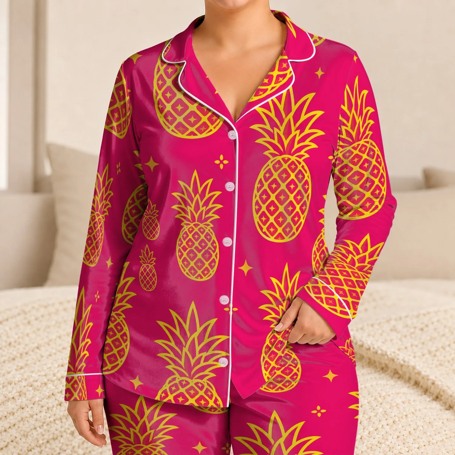 Retro Pineapple Motif in Hot Magenta for Vacation Lounging, Travel, and Gifts for Her Satin Pajamas Set - 1