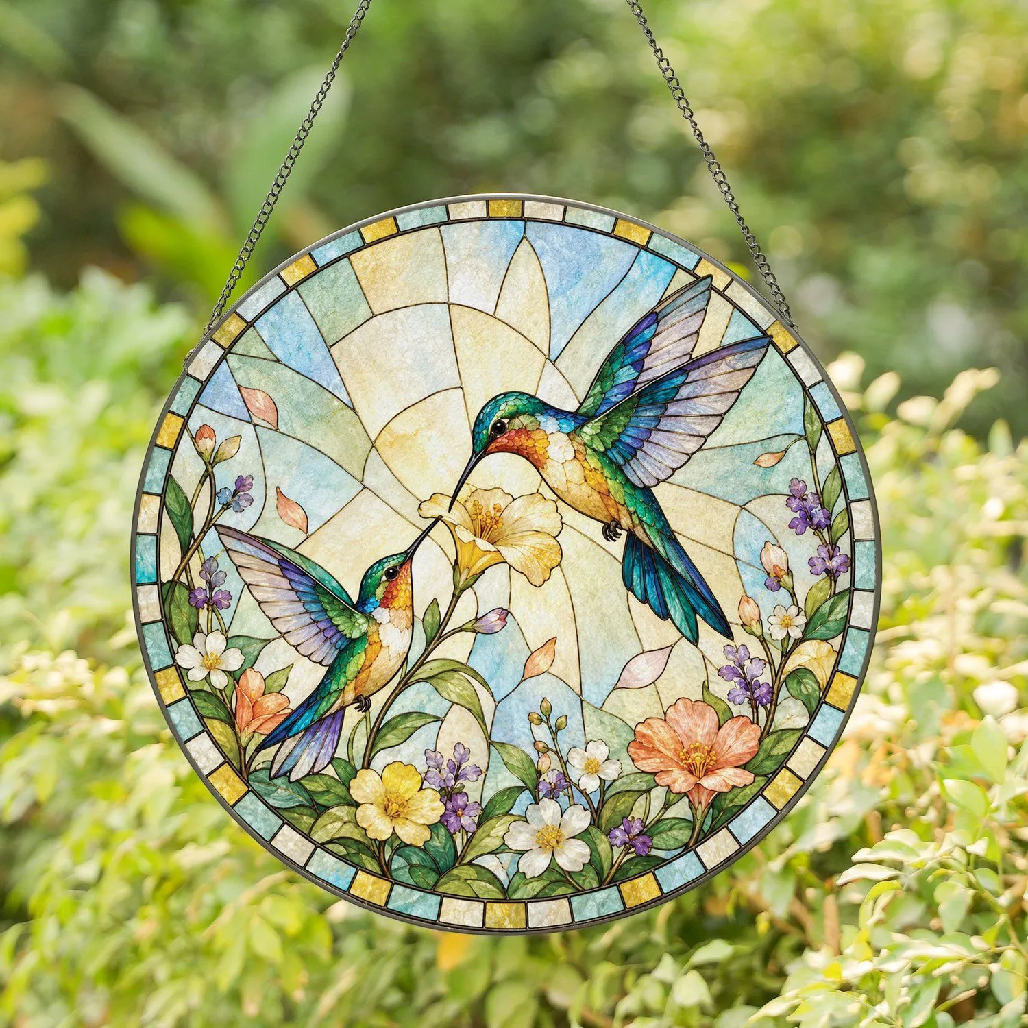 Two Hummingbirds With Wildflowers for Birdwatcher Gifts and Sunny Garden Decor Ideas Stained Glass Suncatcher - 1