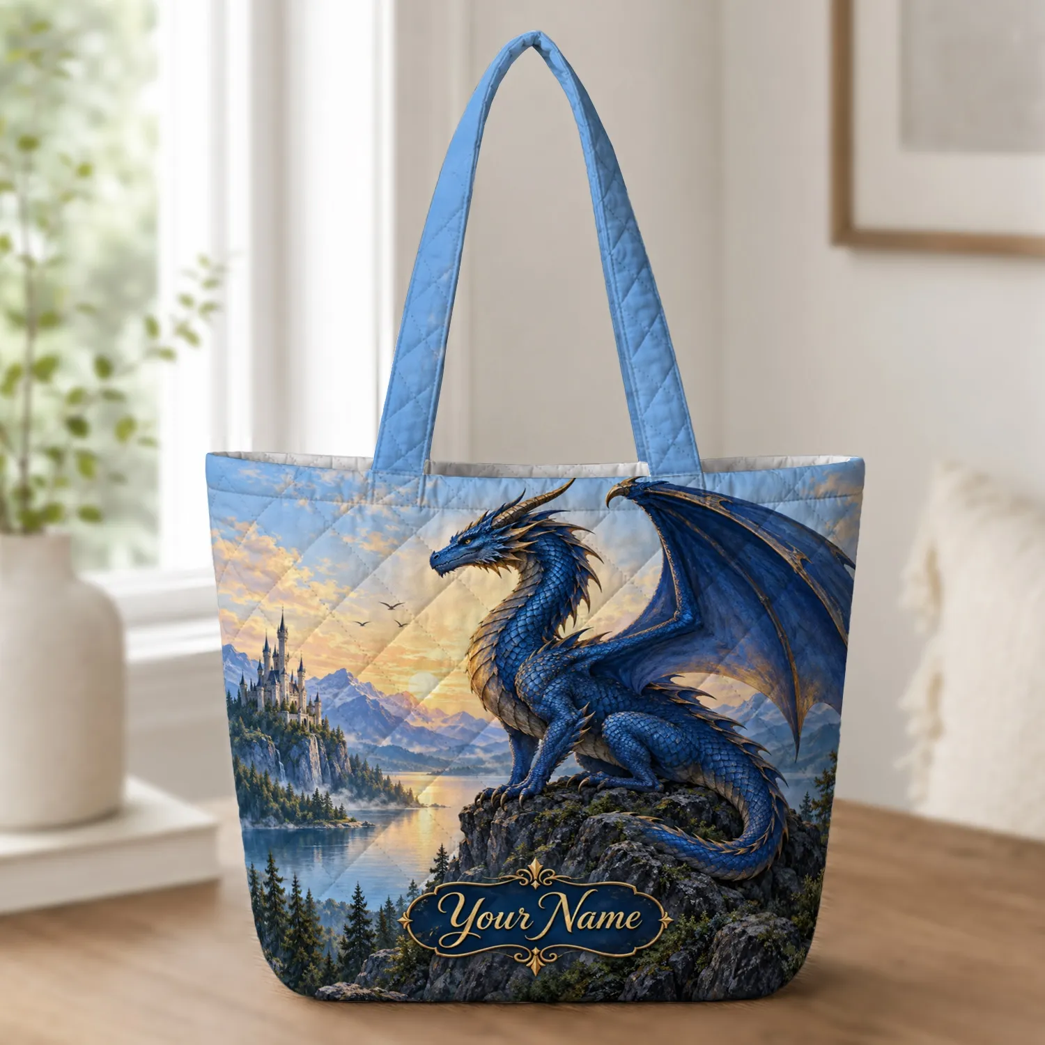 Majestic Blue Dragon at Sunset by Castle Lake for Fantasy Lovers and Daily Adventures Quilted Tote Bag - 1