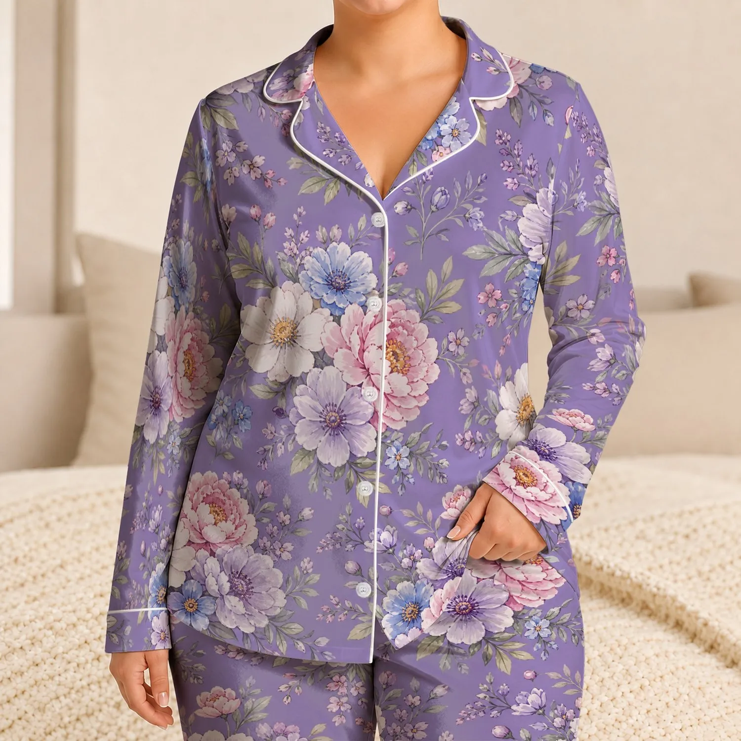 Vintage Lavender Florals for Cozy Spring Evenings, Vacations, and Sweet Gift Giving Satin Pajamas Set - 1