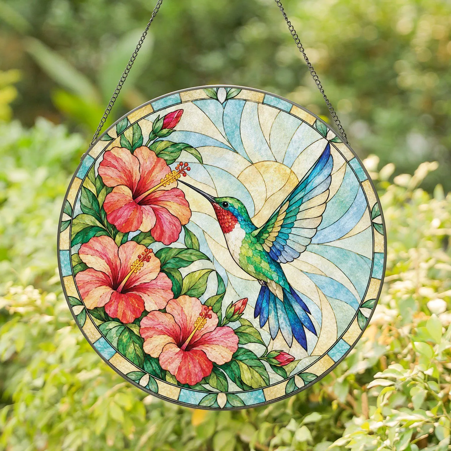 Vibrant Hummingbird and Hibiscus Gift for Garden Lovers and Nature-Inspired Homes Stained Glass Suncatcher - 1