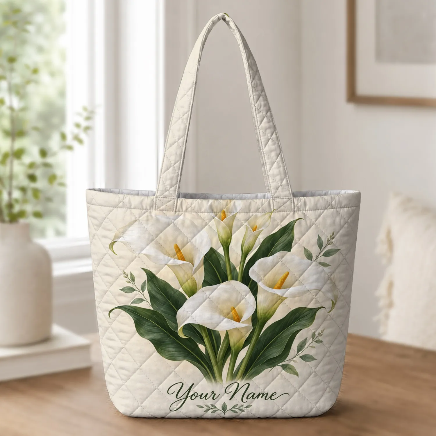 White Calla Lily Botanical Floral Gift for Garden Lovers and Elegant Everyday Style Quilted Tote Bag - 1