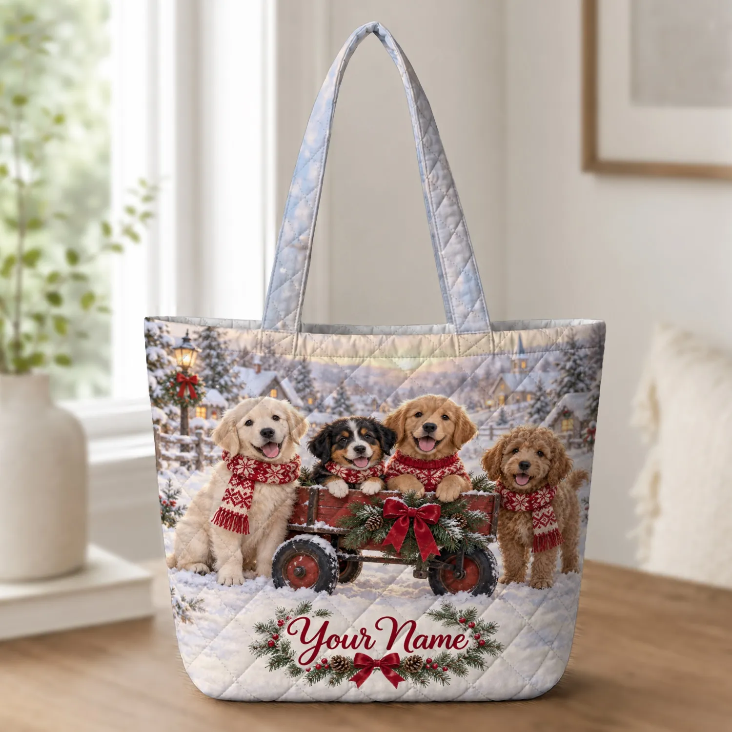 Christmas Puppies in a Festive Snowy Wagon for Cozy Holiday Gift Giving and Cheer Quilted Tote Bag - 1