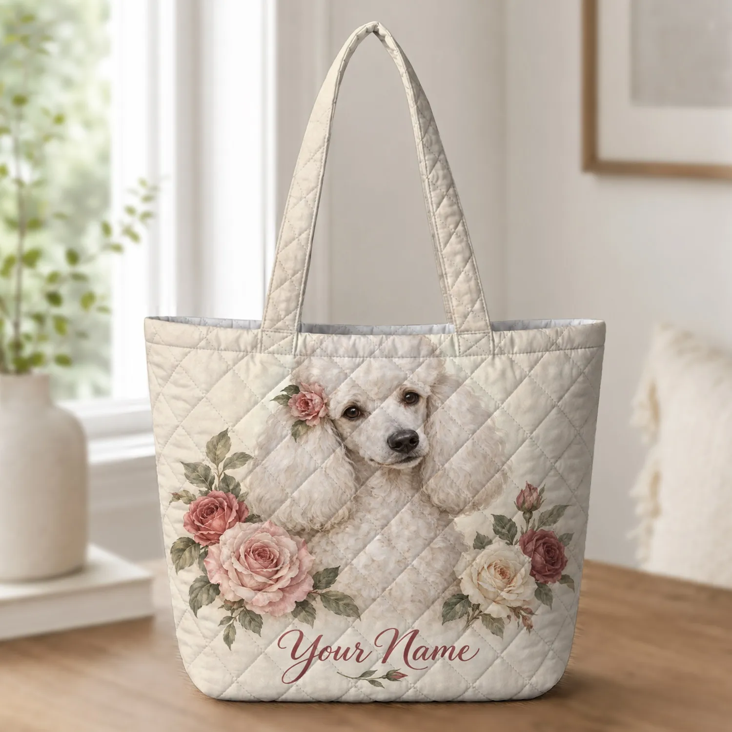 Elegant White Poodle in Vintage Rose Garden for Cottagecore Gift Giving Pet Lovers Quilted Tote Bag - 1