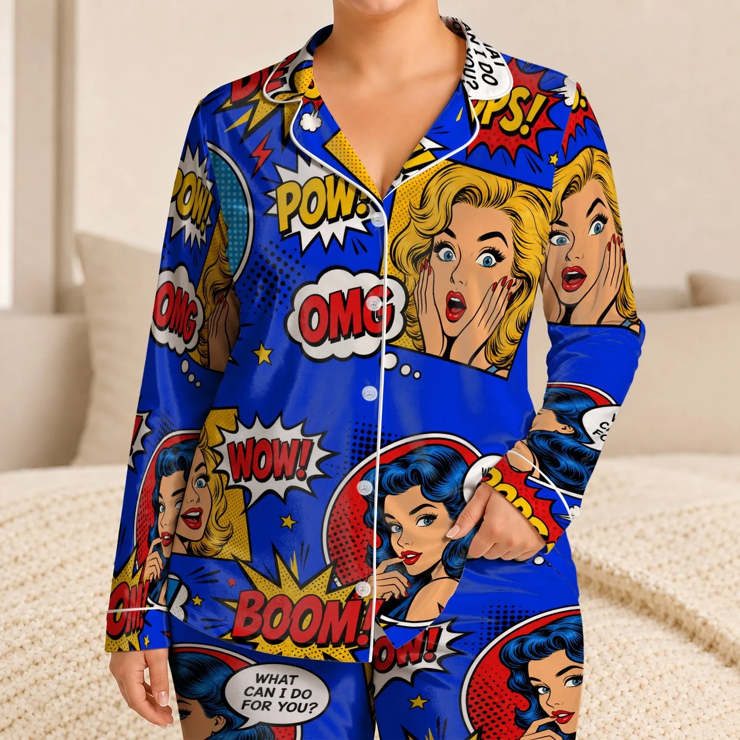 Retro Pop Art Comic Collage Gift for Her, Bold Cobalt Blue Lounge Nights Vibe Style Satin Pajamas Set - 1