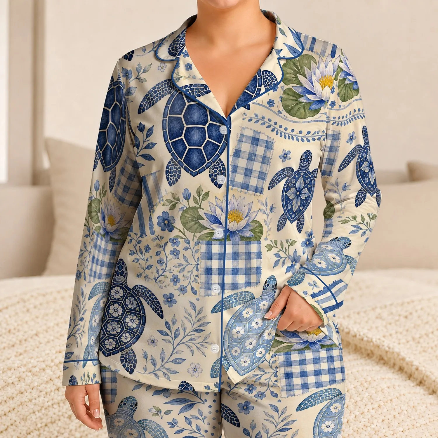 Coastal Turtle Patchwork in Blue and Ivory for Beach Vacations and Cozy Nights for Women Satin Pajamas Set - 1
