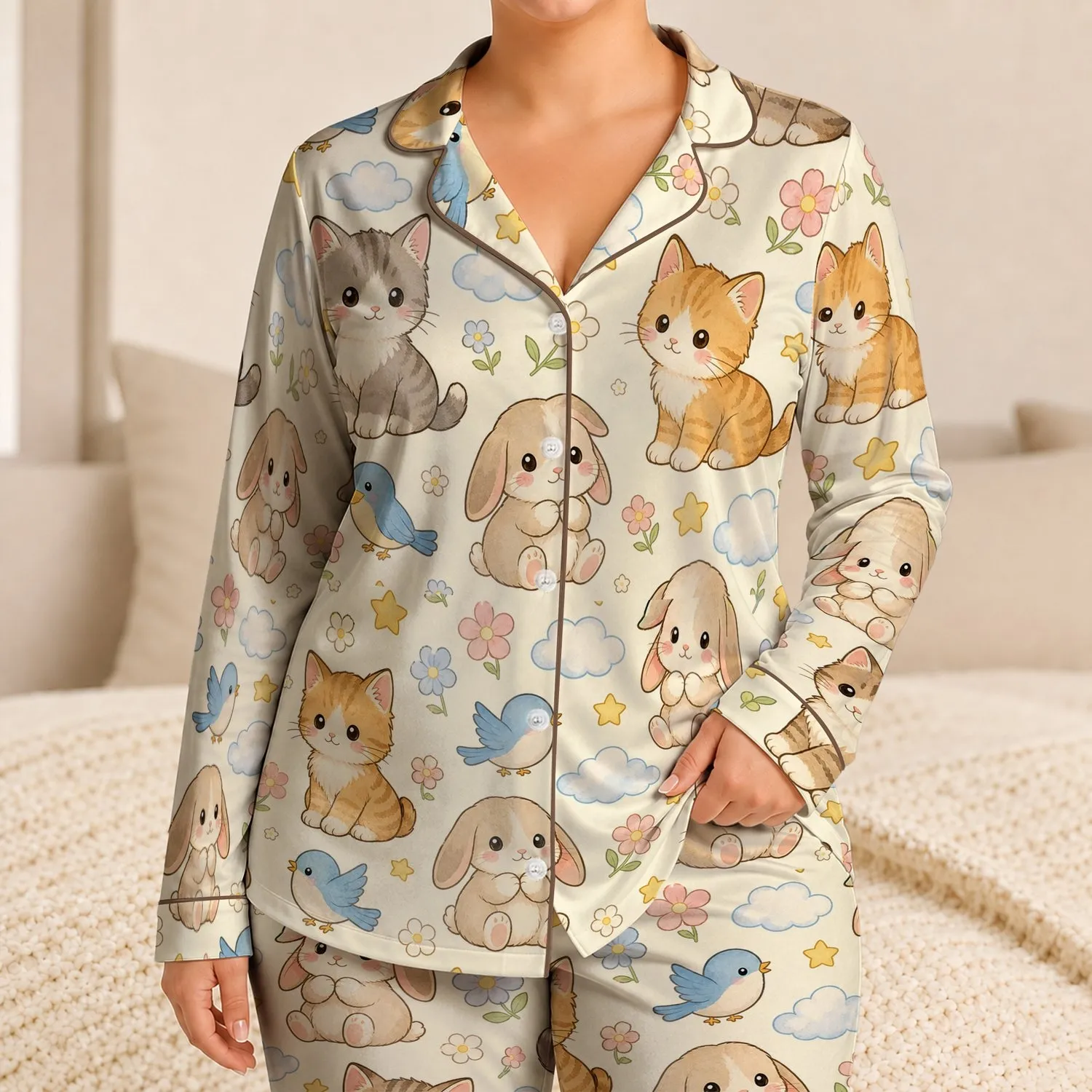 Pastel Cat Bunny Bird Motifs for Cozy Spring Nights, Home Lounging, and Gift Giving Satin Pajamas Set - 1