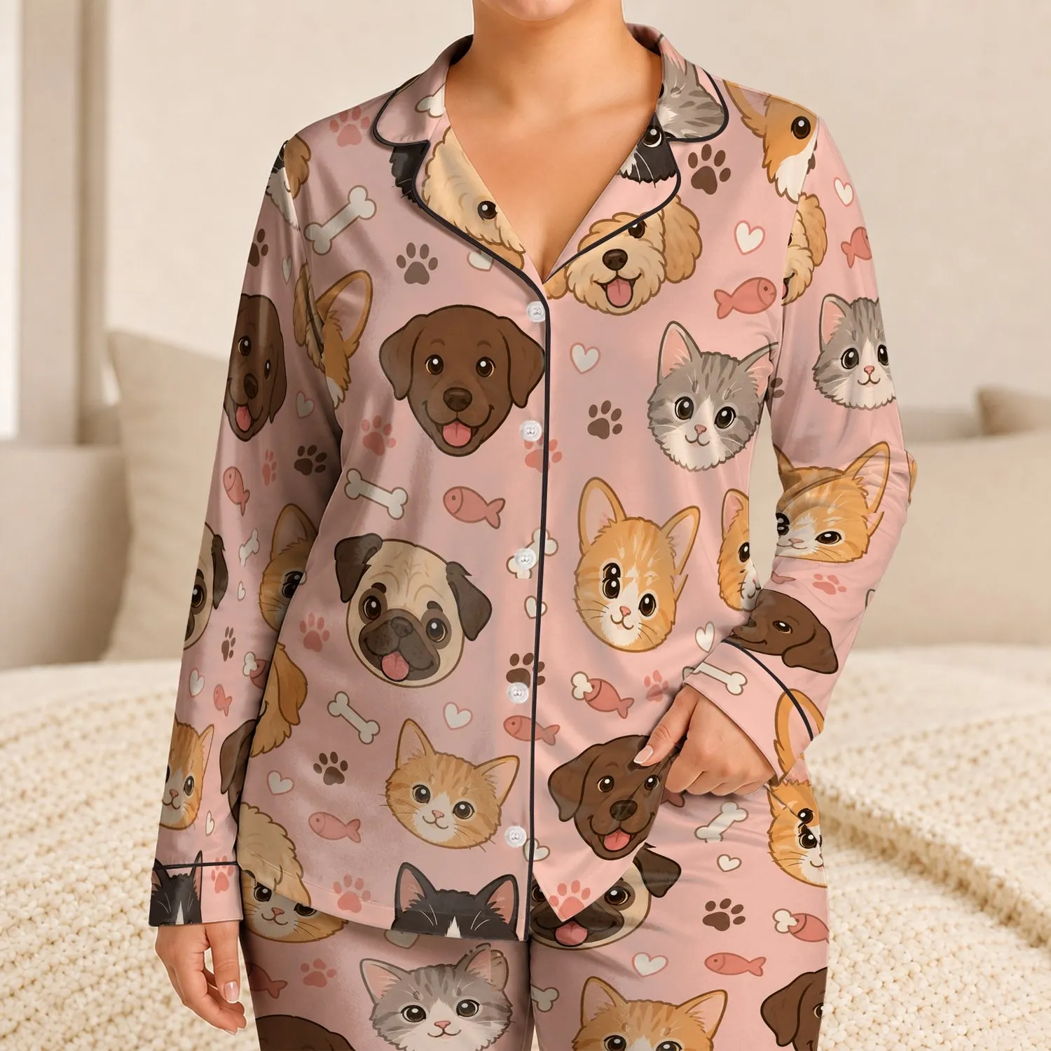 Cat And Dog Faces On Blush Pink For Cozy Gift Giving Women Satin Pajamas Set - 1