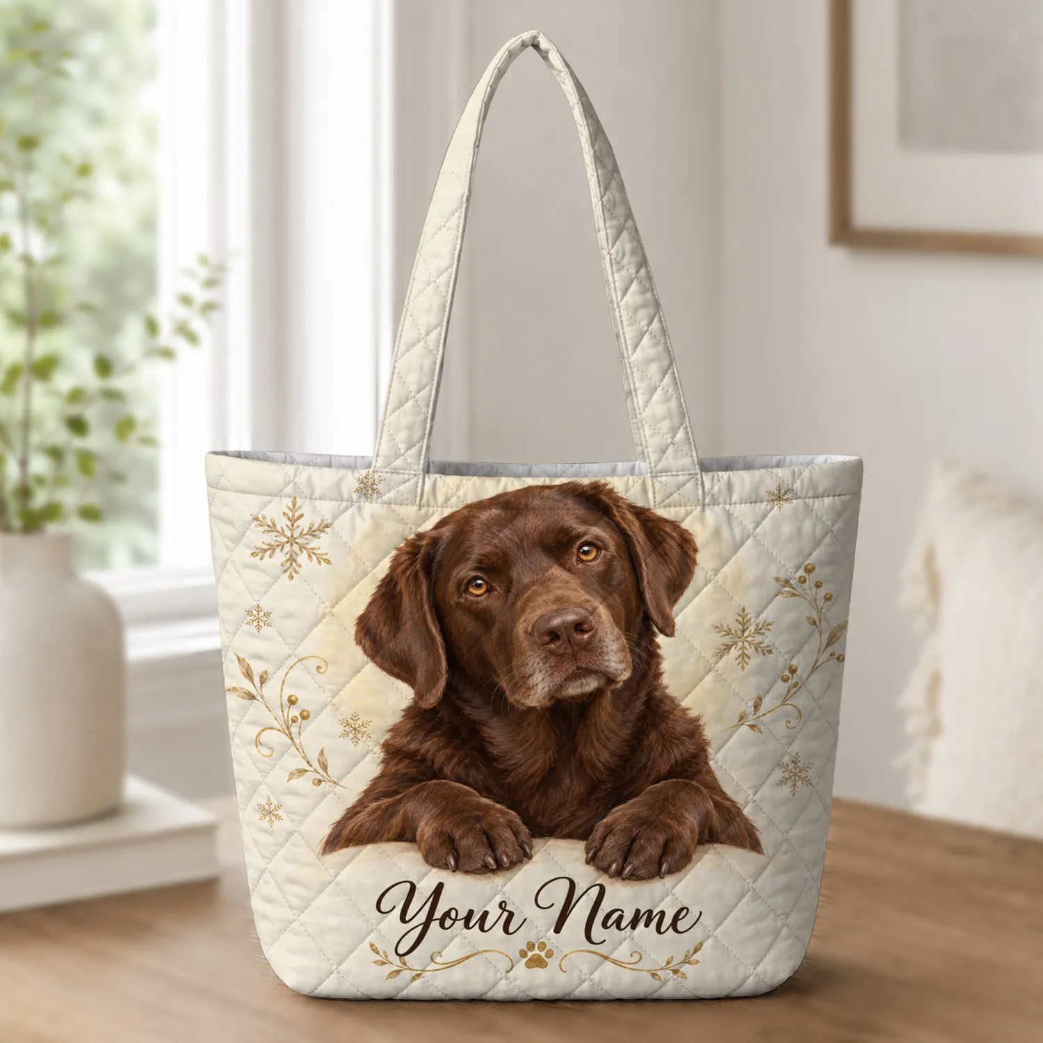 Chocolate Labrador and Snowflakes for Cozy Winter Holiday Gifts for Dog Lovers Quilted Tote Bag - 1