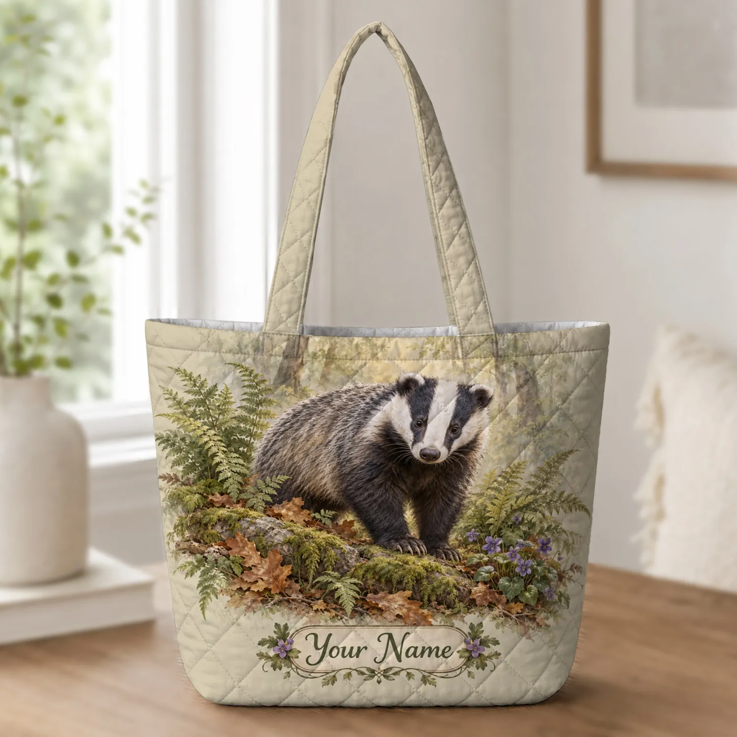 Woodland Badger and Forest Wildflowers for Nature Lovers and Cozy Autumn Outings Quilted Tote Bag - 1