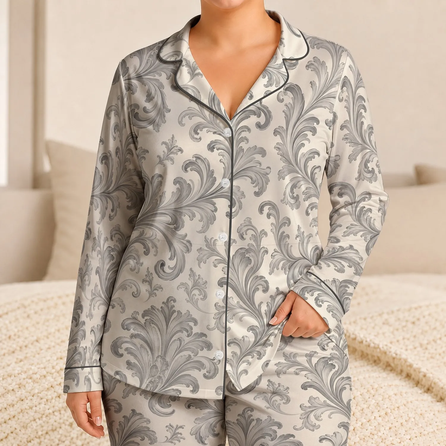Ivory Gray Baroque Scroll Lounge Wear for Elegant Home Nights, Giftable Unisex Adults Satin Pajamas Set - 1