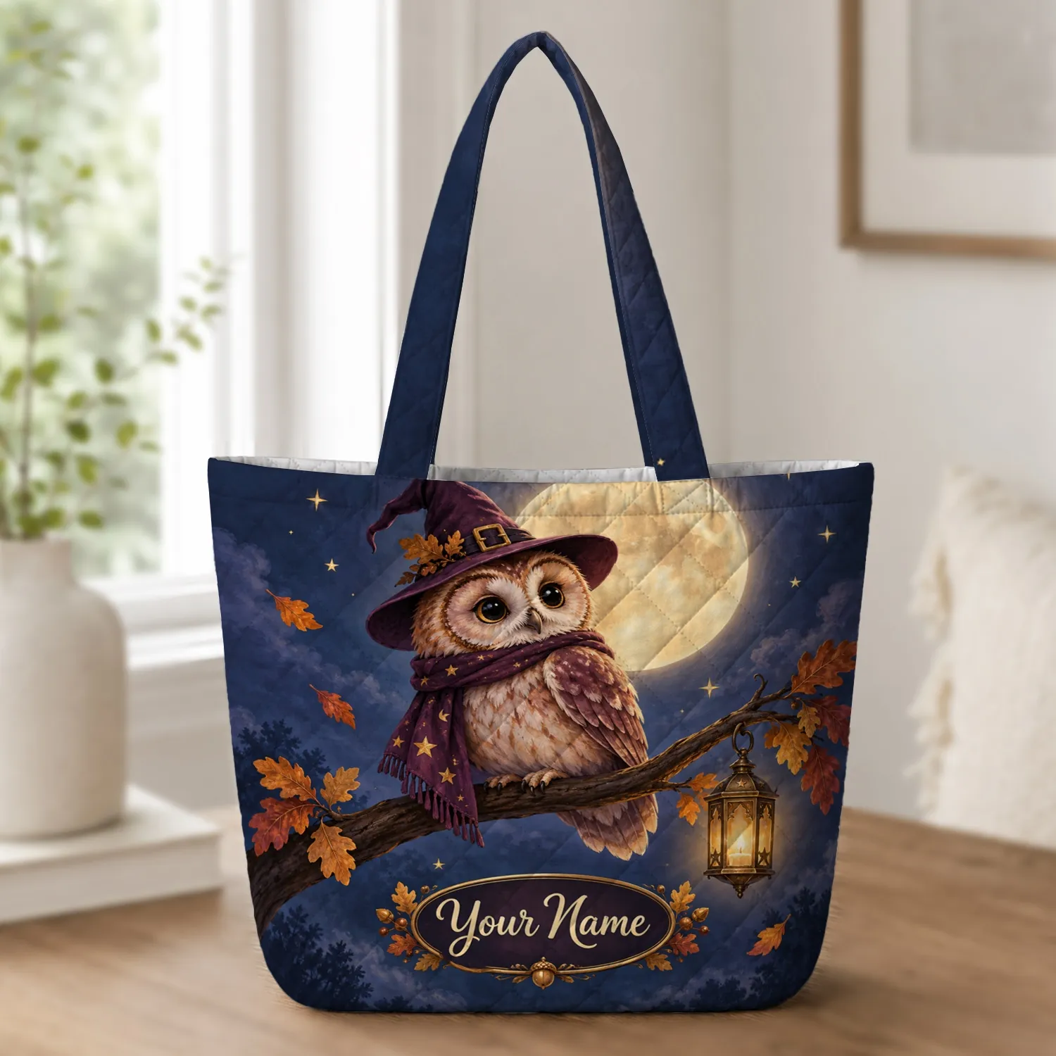 Whimsical Witch Owl Under Autumn Moon for Halloween Parties and Cozy Fall Outings Quilted Tote Bag - 1
