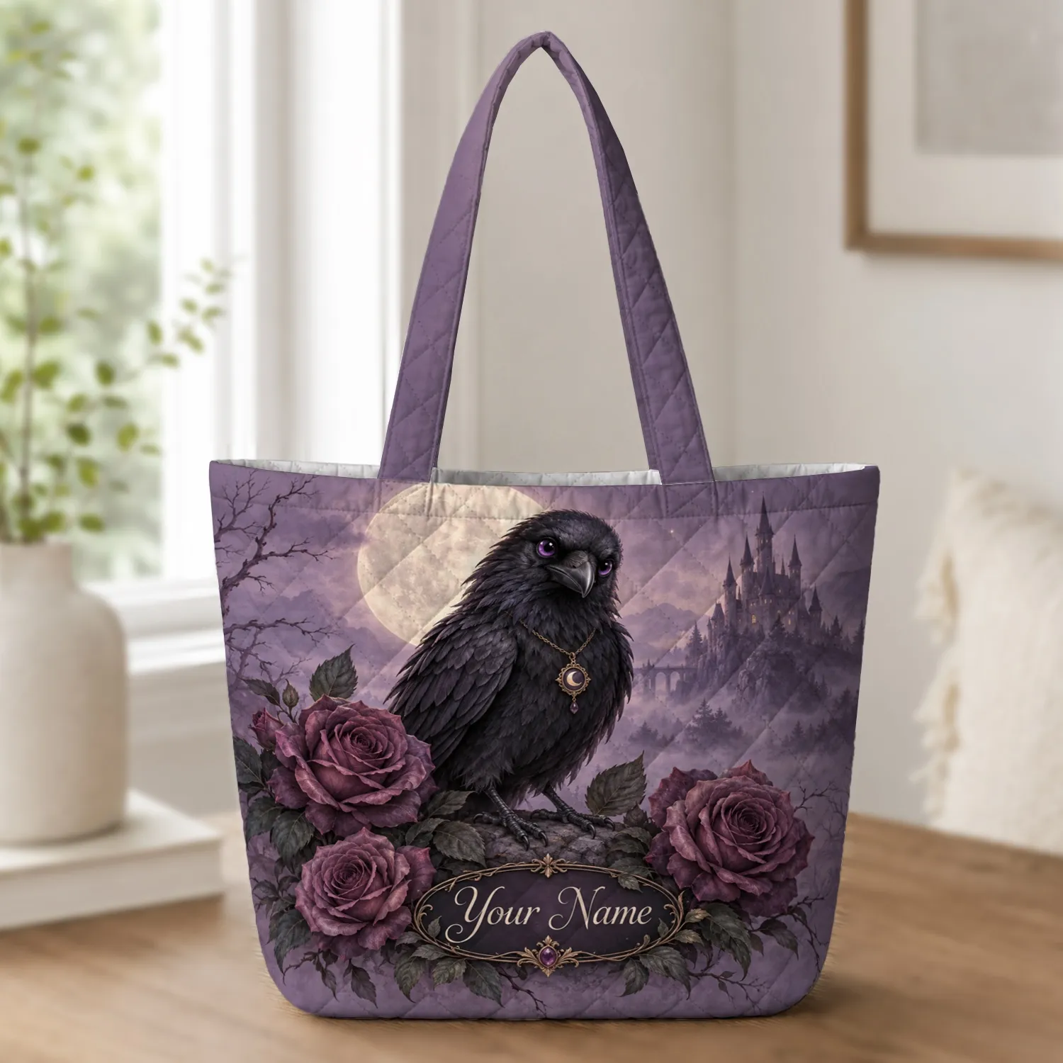 Moonlit Raven, Gothic Roses and Castle for Halloween Night Out Gift Quilted Tote Bag - 1