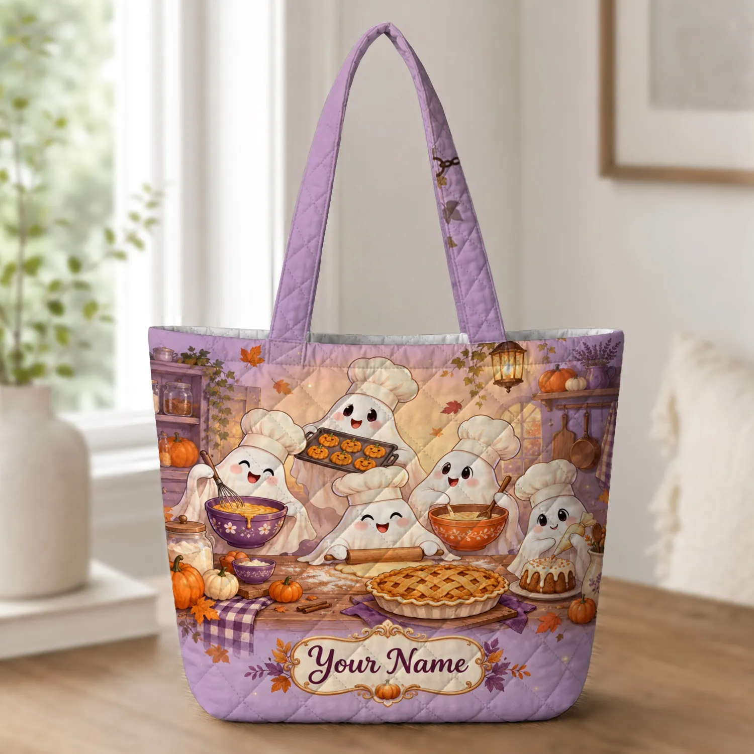 Cute Ghost Bakers and Pumpkin Pies for Cozy Halloween Kitchen Parties and Gift Giving Quilted Tote Bag - 1