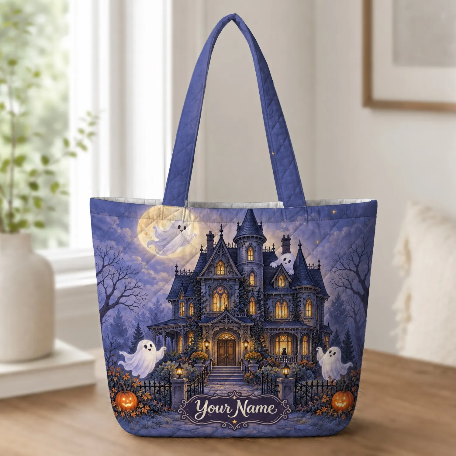 Moonlit Haunted Mansion Ghosts and Pumpkins for Halloween Night Out and Autumn Gifts Quilted Tote Bag - 1