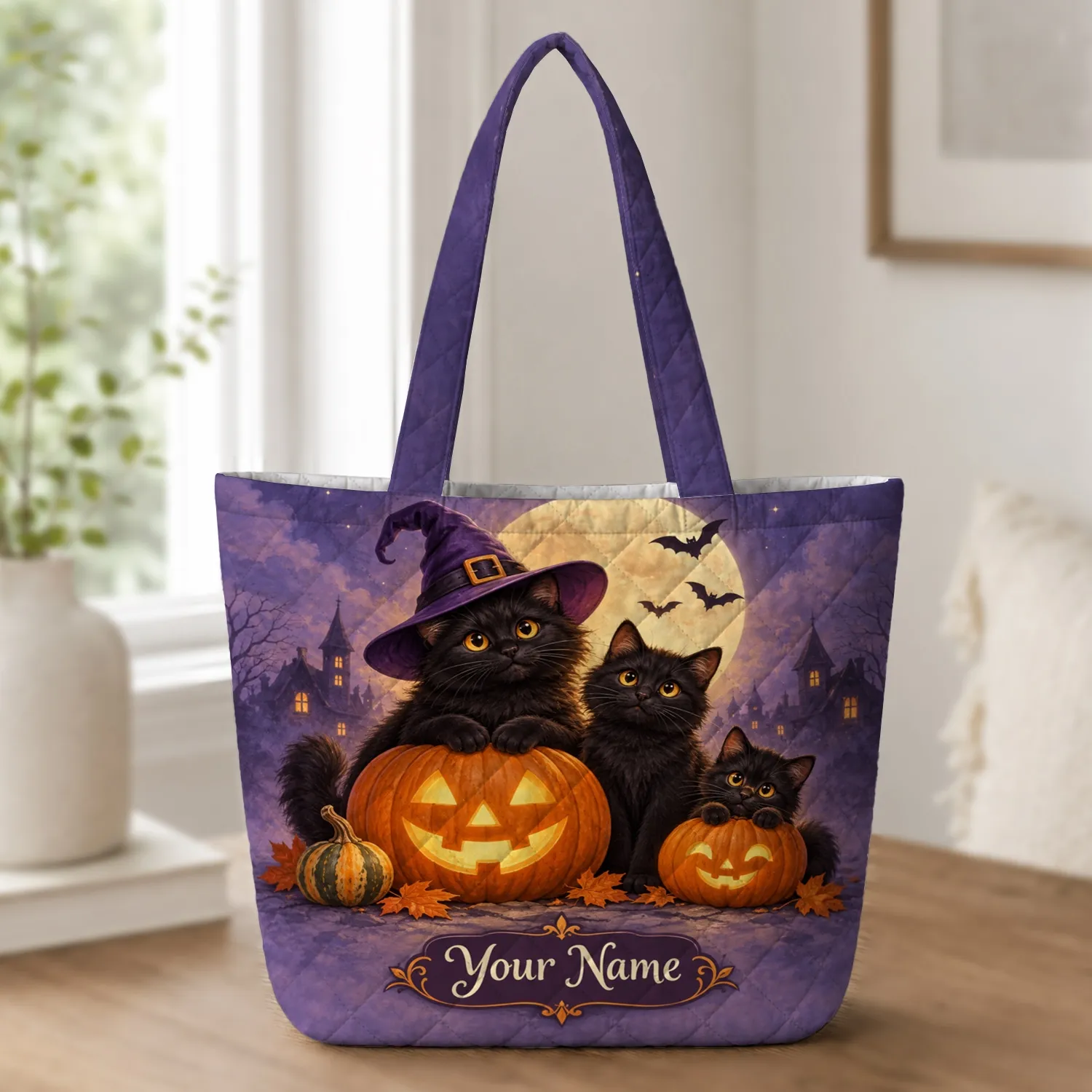 Black Cats And Jack-O-Lanterns Under A Witch Hat Moon For Halloween Cat Lovers Quilted Tote Bag - 1