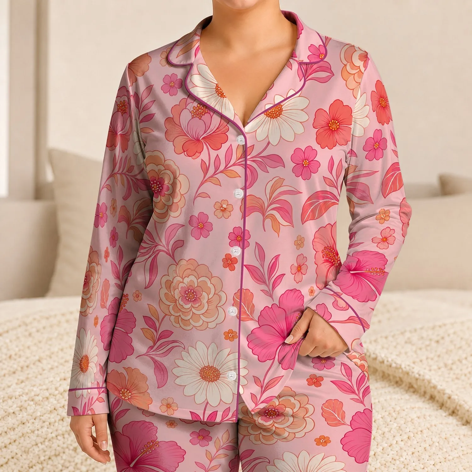 Blush Tropical Florals For Resort Nights And Relaxed At-Home Comfort For Casual Women Satin Pajamas Set - 1