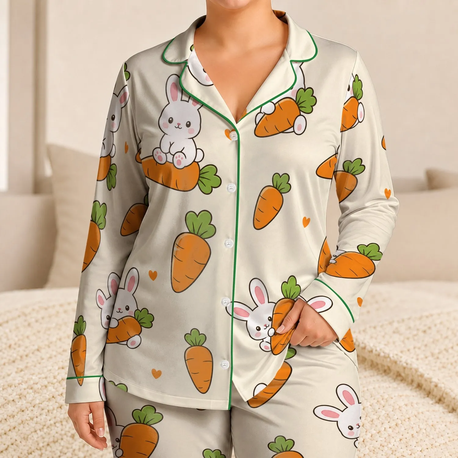 Kawaii Bunny And Carrot Cozy Home Lounging With Ivory Charm, Gift For Women And Teens Satin Pajamas Set - 1