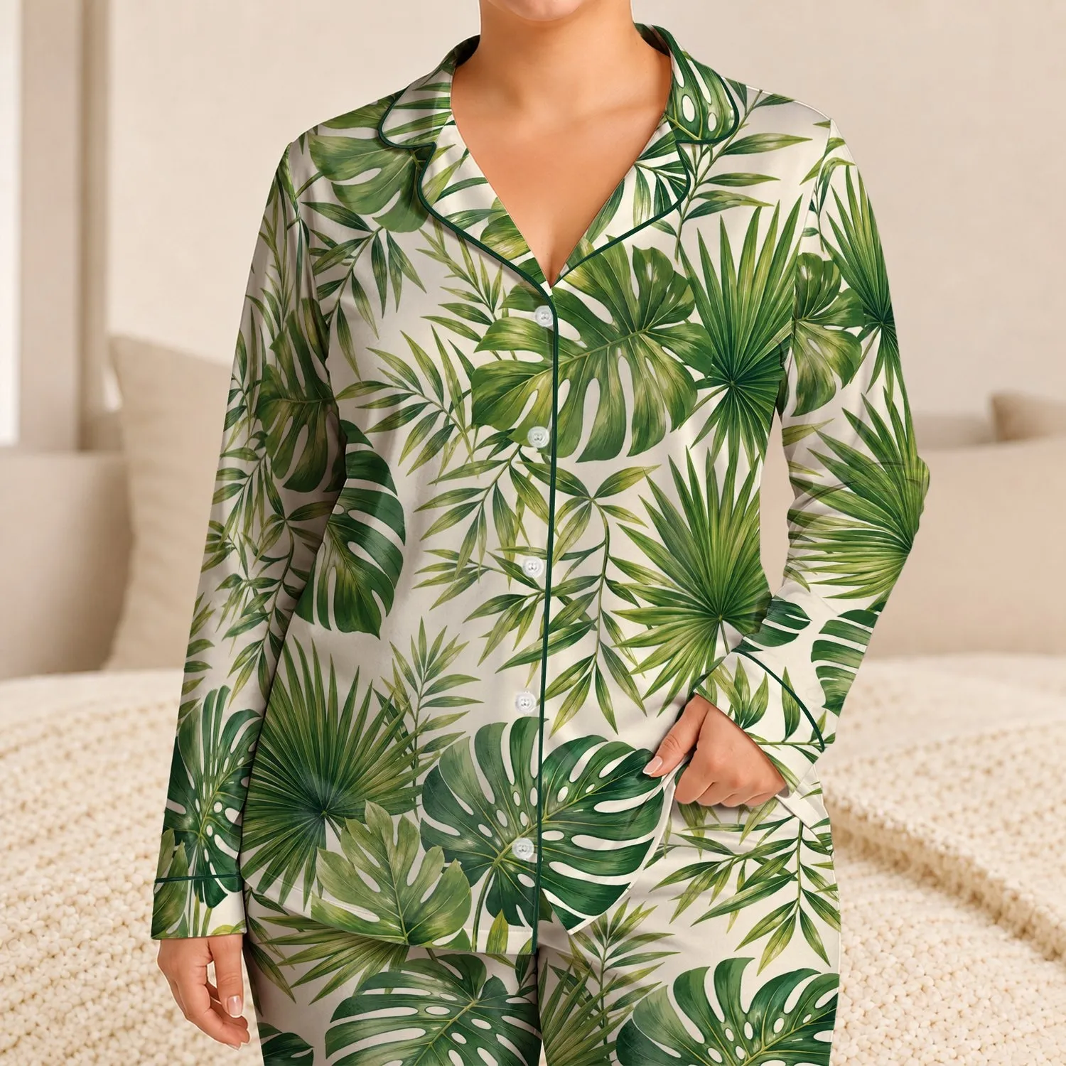 Tropical Leaf Resort Loungewear for Summer Getaways and Cozy Vacation Nights for Women Satin Pajamas Set - 1