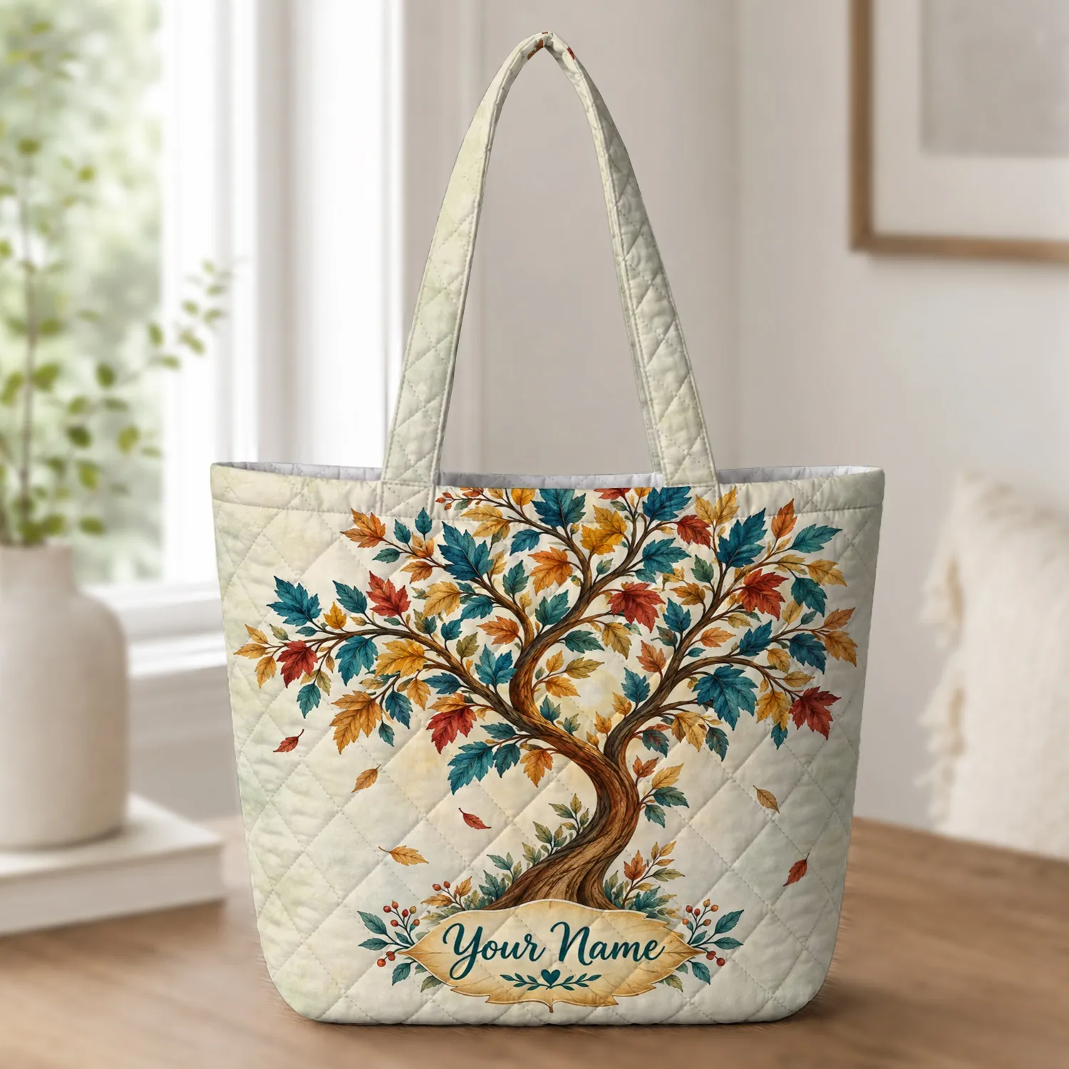 Teal and Gold Autumn Tree for Cozy Fall Home Decor and Nature Lover Gifts Quilted Tote Bag - 1