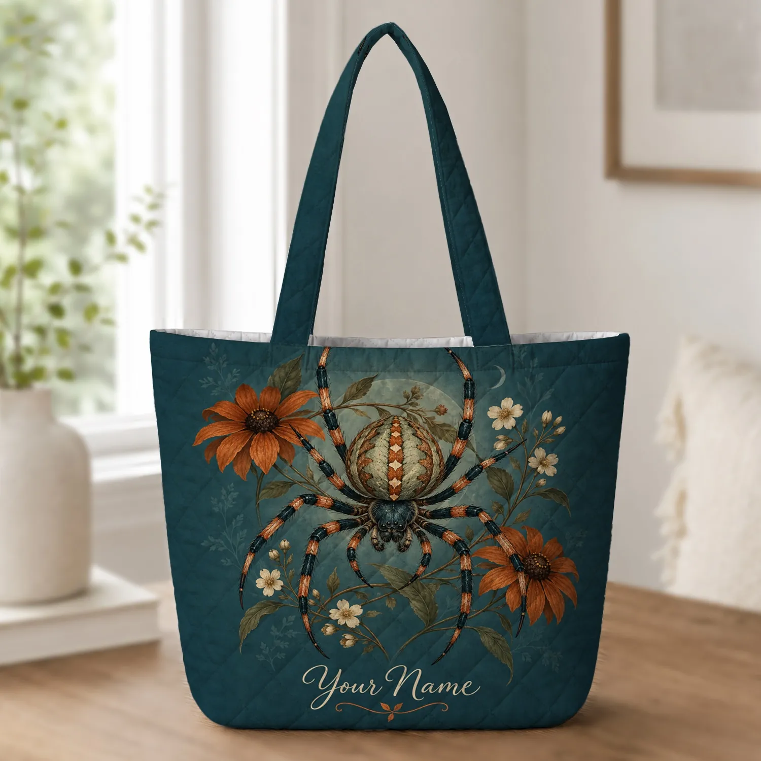 Teal Spider And Copper Botanicals For Gothic Cottagecore Autumn And Halloween Lovers Quilted Tote Bag - 1