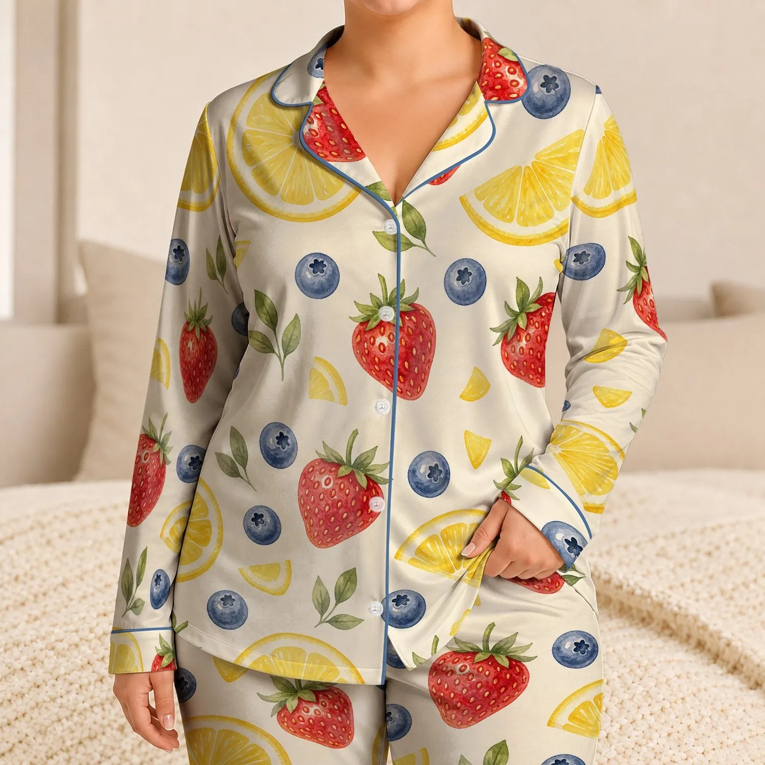 Watercolor Lemon Strawberry Blueberry Resort Loungewear For Warm Summer Nights Women Satin Pajamas Set - 1
