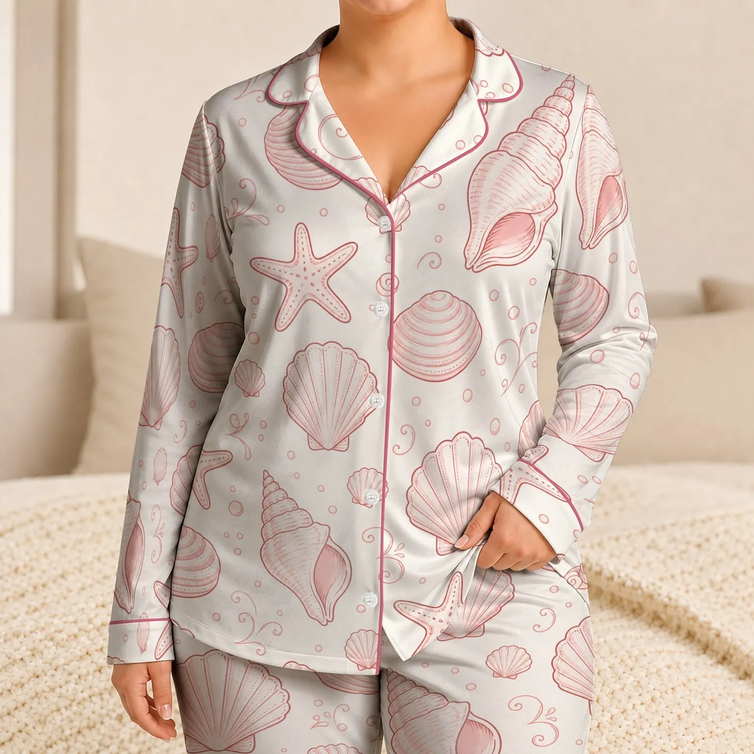 Pink Seashell and Starfish Coastal Resort Style for Beach Days and Summer Getaways Satin Pajamas Set - 1