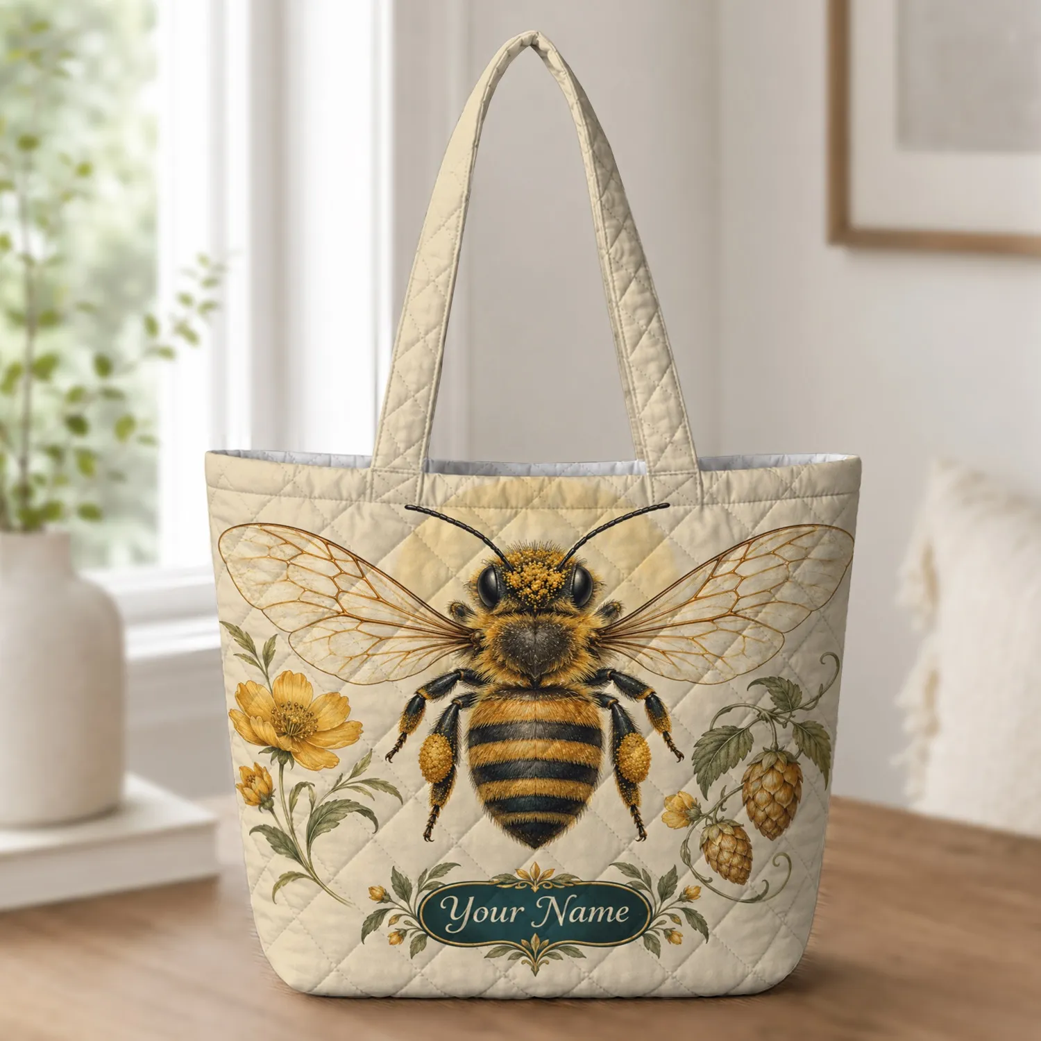 Golden Honeybee and Wildflowers for Cottagecore Nature Lovers Quilted Tote Bag - 1