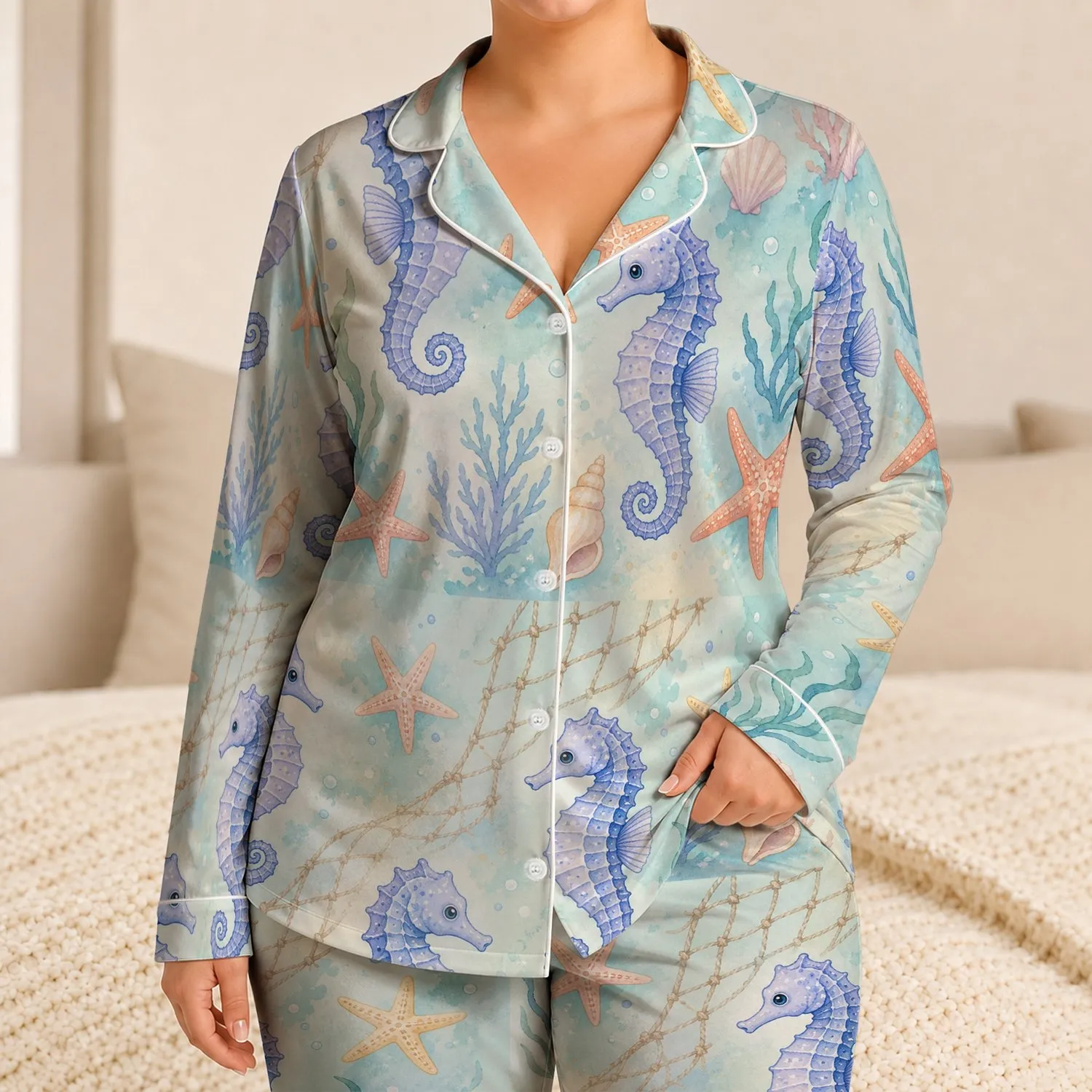 Coastal Seahorse Starfish Seafoam Gift For Ocean Lovers, Soft Lagoon Vibes At Home Satin Pajamas Set - 1