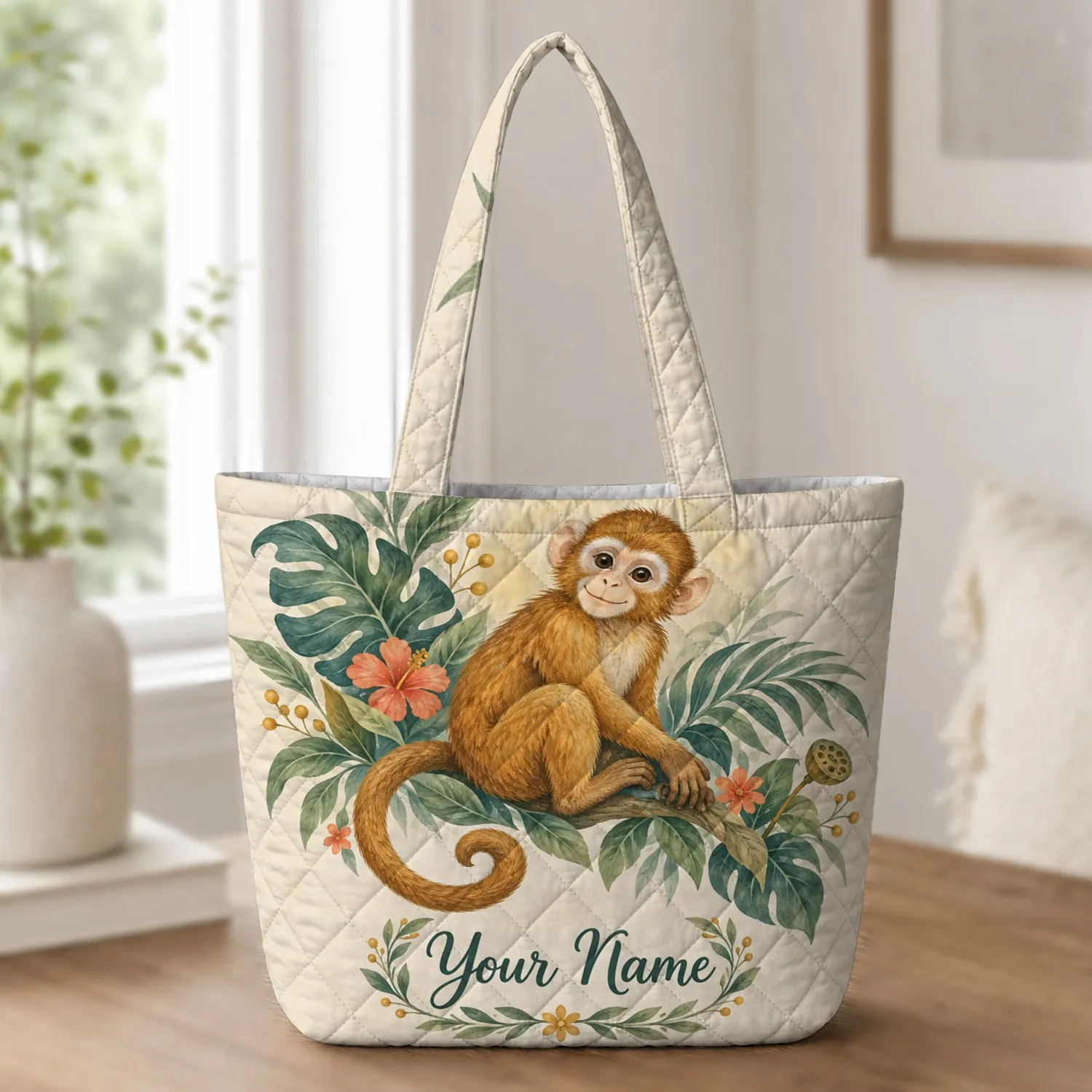 Golden Monkey and Jungle Blooms for Nature Loving Kids and Animal Lovers Quilted Tote Bag - 1
