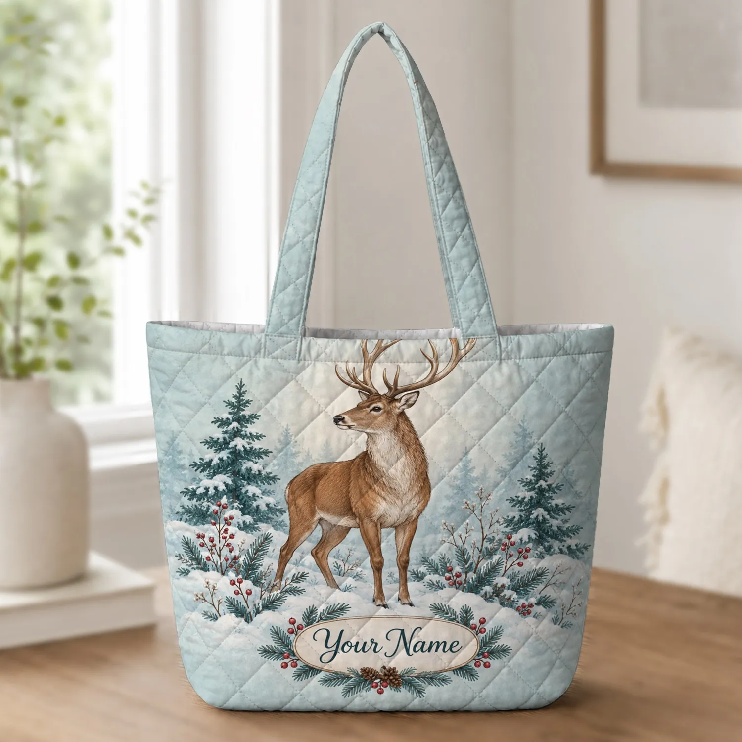 Woodland Deer and Evergreen Berries for Rustic Christmas Holiday Gatherings and Gift Giving Quilted Tote Bag - 1
