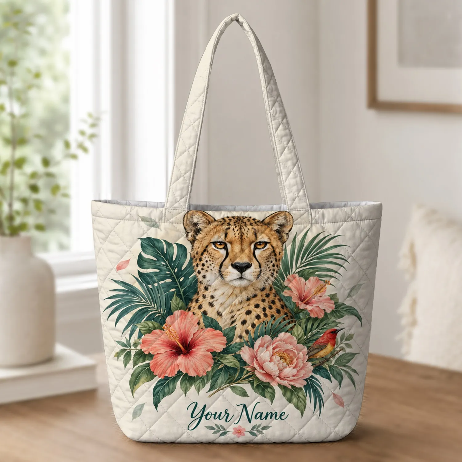 Tropical Cheetah and Hibiscus for Beach Getaways, Garden Lovers and Nature Fans Quilted Tote Bag - 1