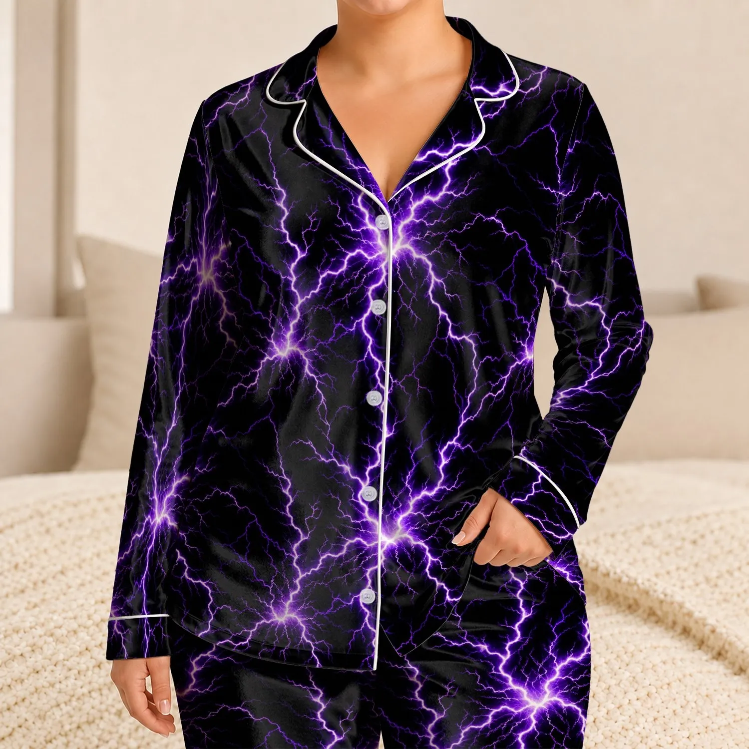 Violet Lightning Crackle on Black for Cozy Nights, Sci-Fi Fans, and Gift Giving At Home Satin Pajamas Set - 1