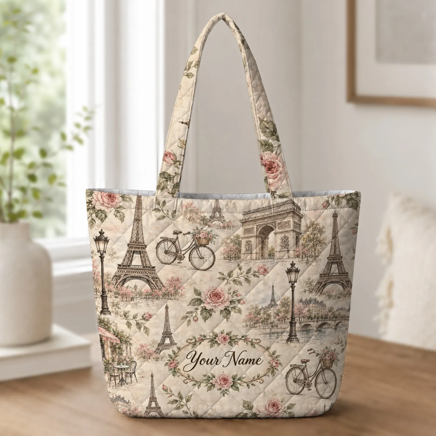 Vintage Paris Landmarks and Roses for Romantic Travel Days, Chic Outings and Gifting Quilted Tote Bag - 1