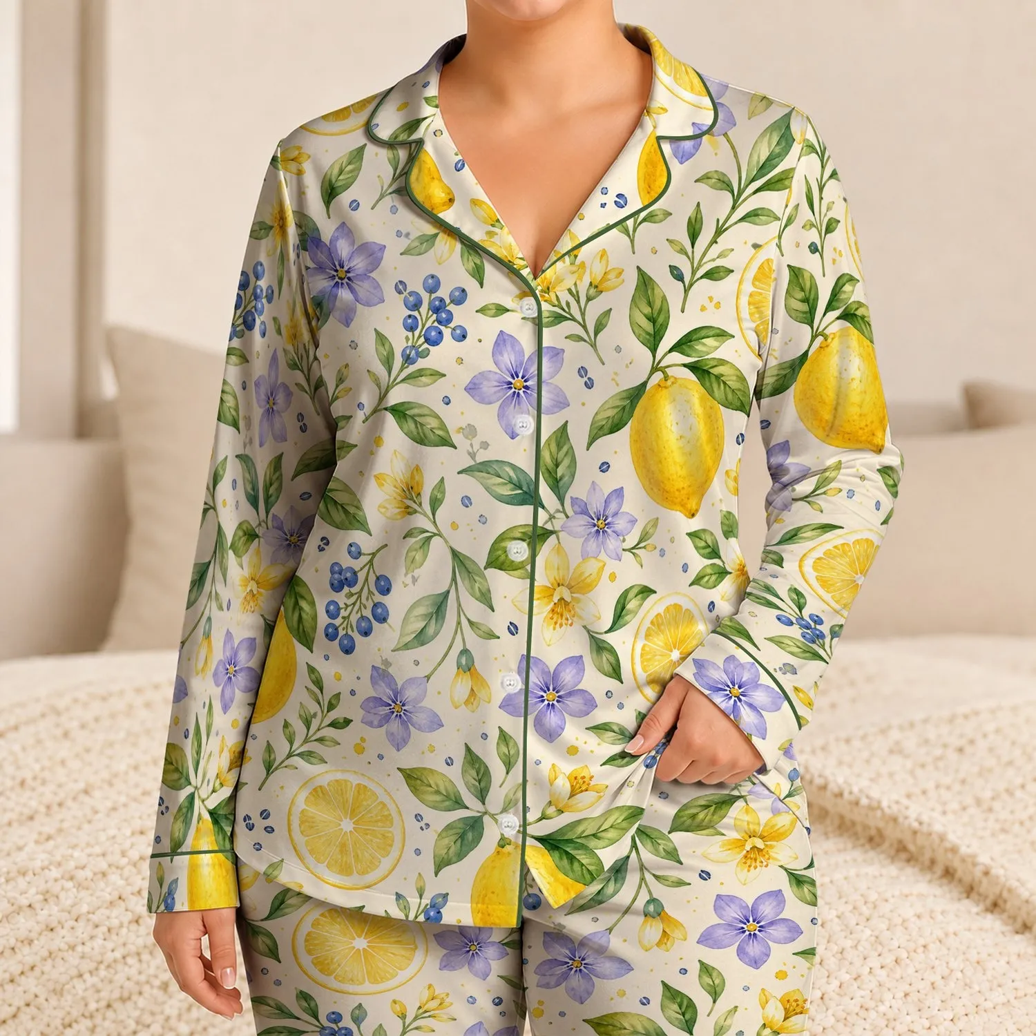 Cream Lemon Blossom Coastal Getaway Set for Cozy Nights and Gift Giving for Women Satin Pajamas Set - 1