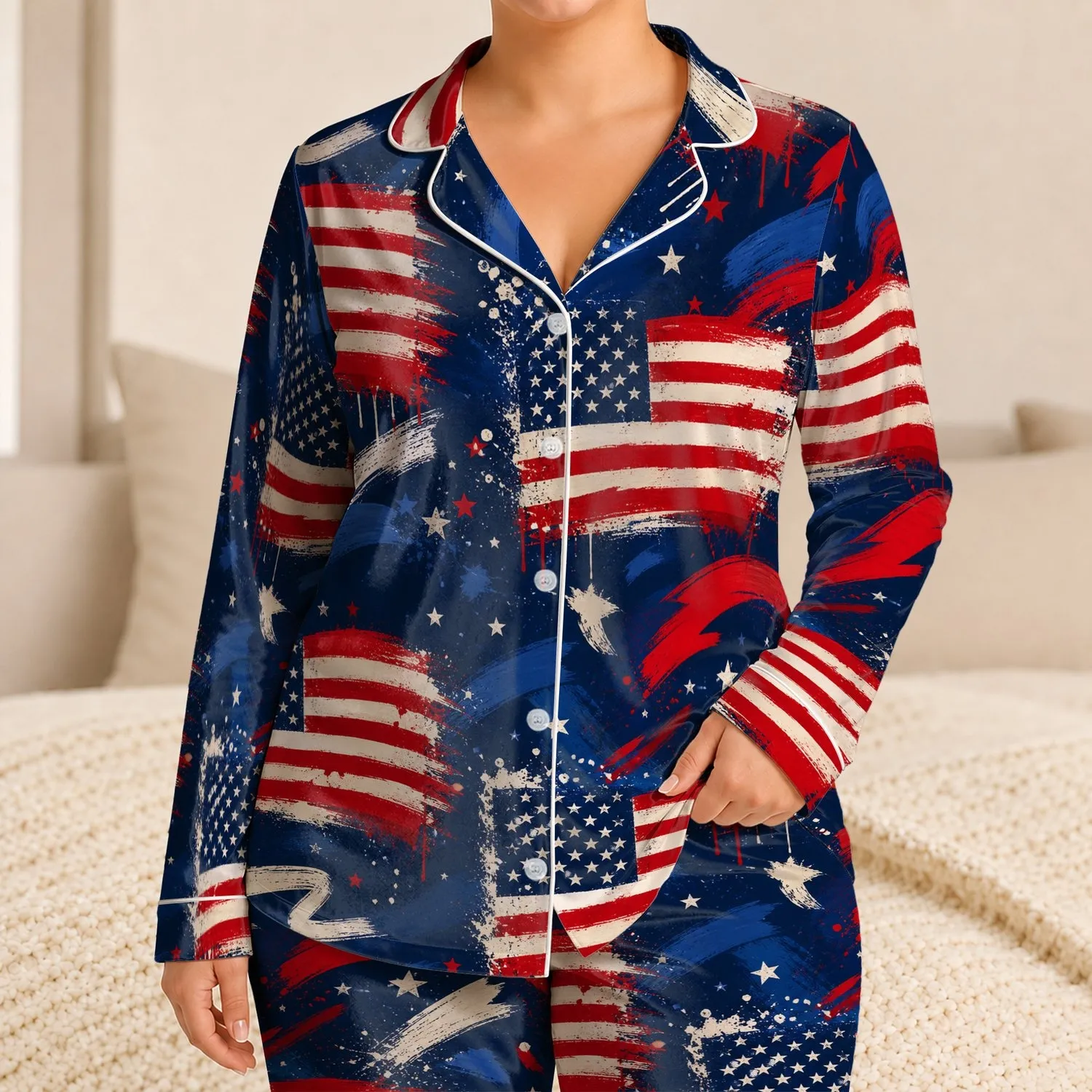 Bold Americana Flag Motif for Fourth of July, Beach Days, and Casual Summer Style Satin Pajamas Set - 1