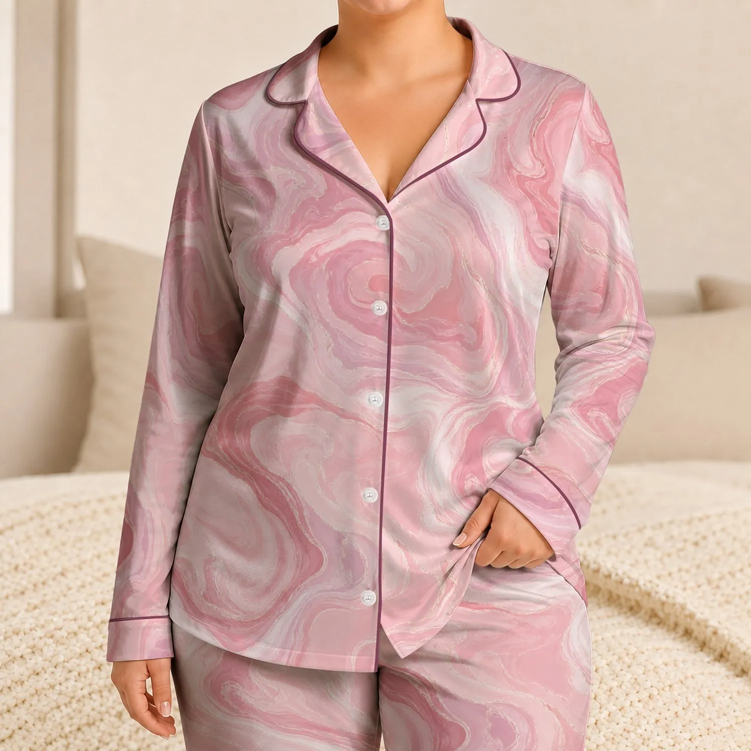 Blush Pink Marble Lounge Set For Cozy Evenings And Relaxed Weekends At Home For Women Satin Pajamas Set - 1
