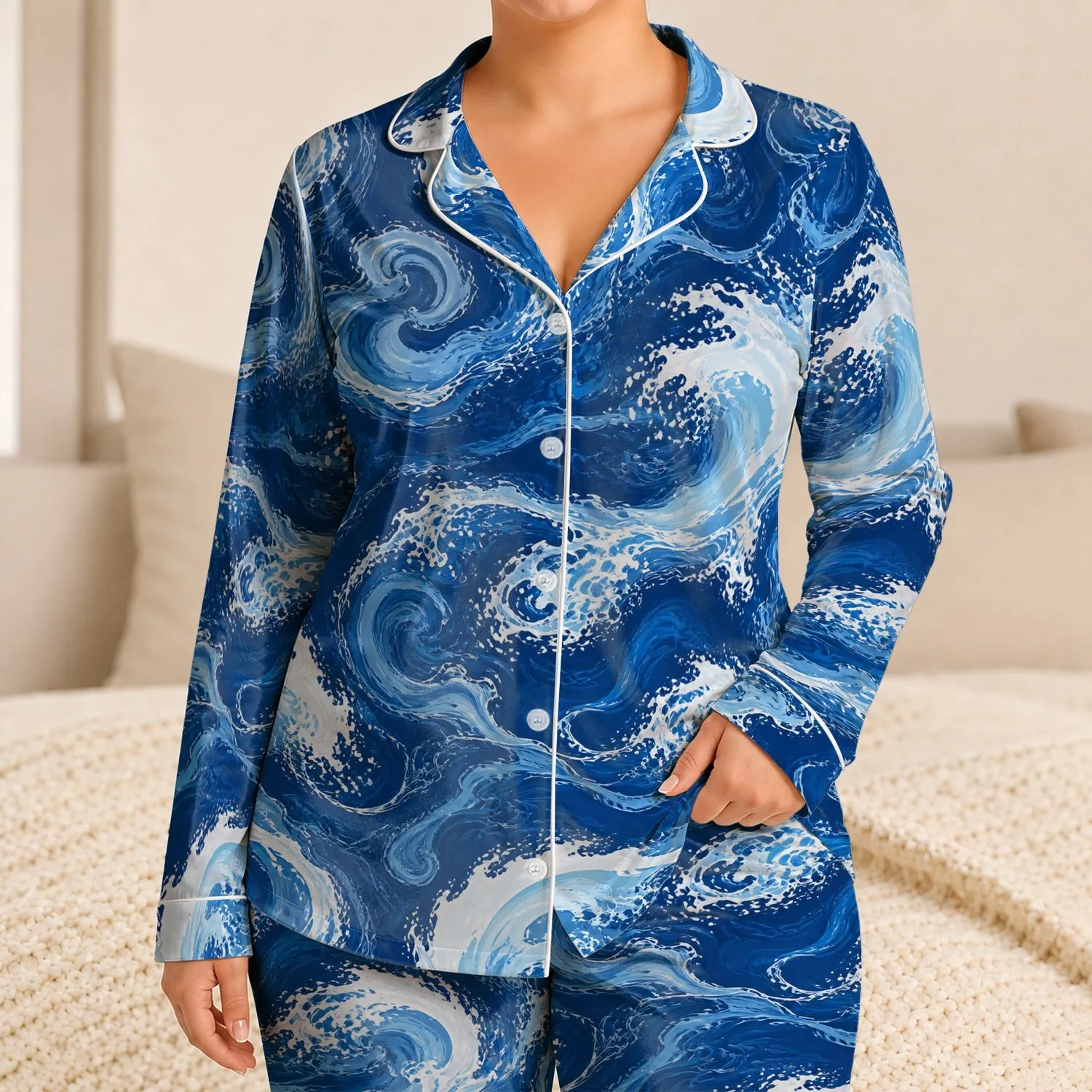 Deep Blue White Ocean Swirl Marble Lounge Wear for Coastal Vacation Getaways Women Satin Pajamas Set - 1