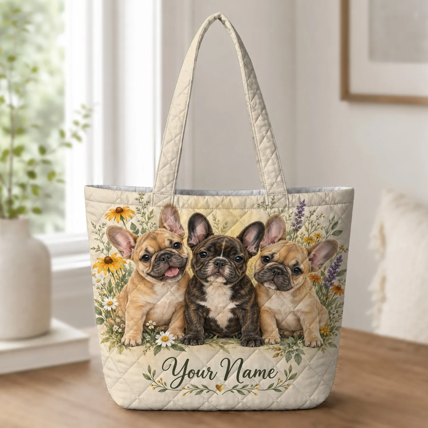 French Bulldog Puppies With Wildflowers for Dog Lovers and Springtime Gifts Quilted Tote Bag - 1