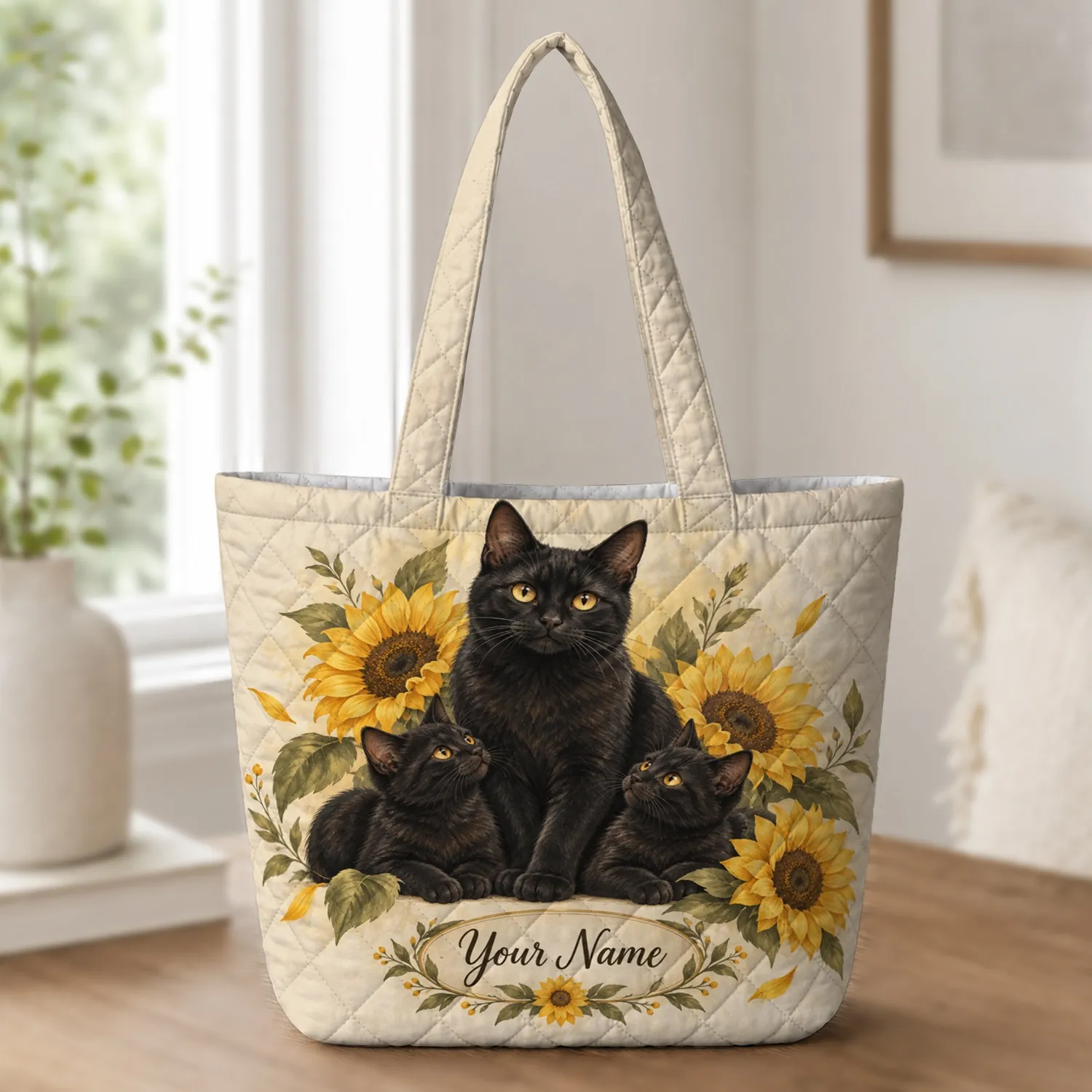 Black Cats Among Golden Sunflowers for Garden Days and Cat Lover Gifts Quilted Tote Bag - 1