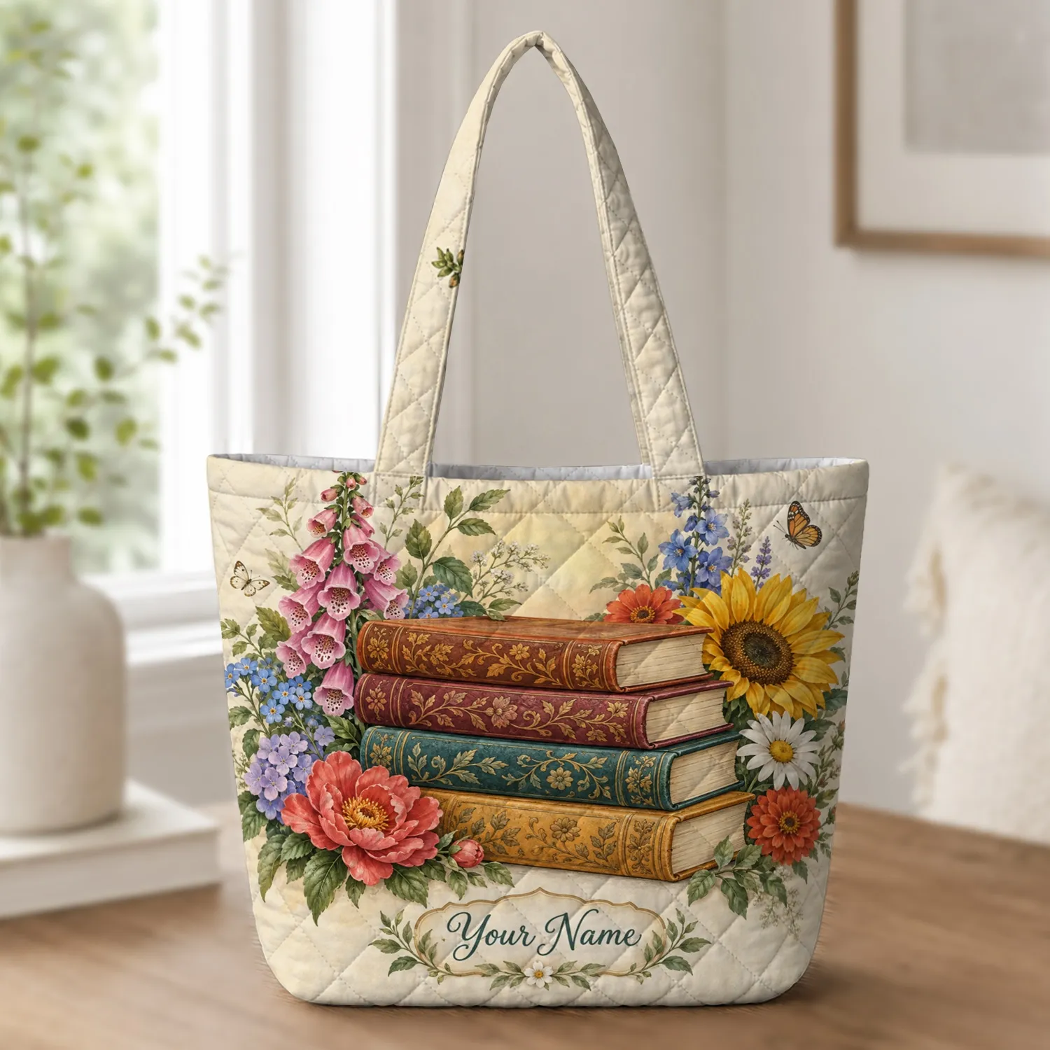 Vintage Floral Book Stack for Garden Reading Days, A Thoughtful Gift for Book Lovers Quilted Tote Bag - 1