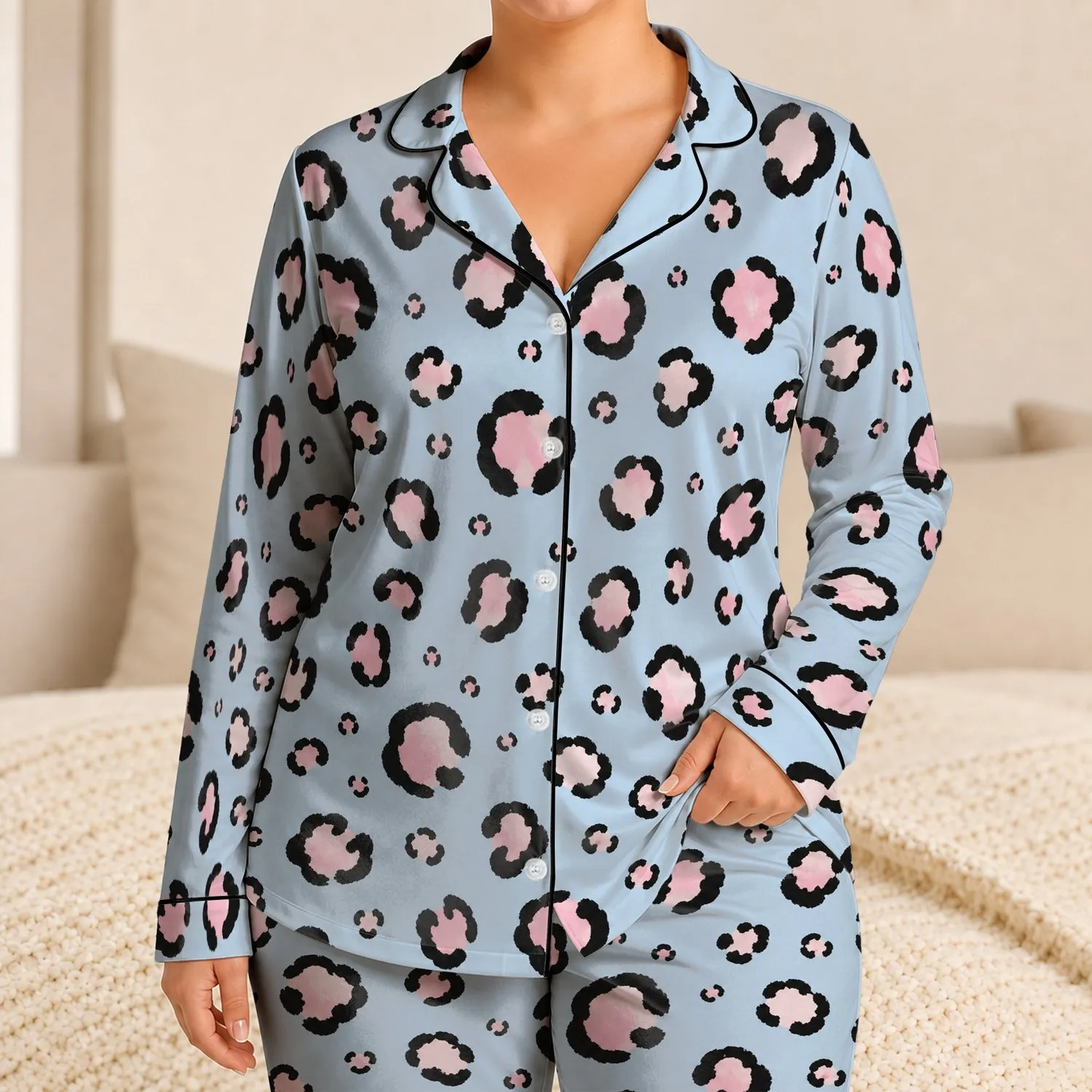 Sky Blue Pink Leopard Motif for Cozy Lounge Days and Soft Evening Comfort for Women Satin Pajamas Set - 1